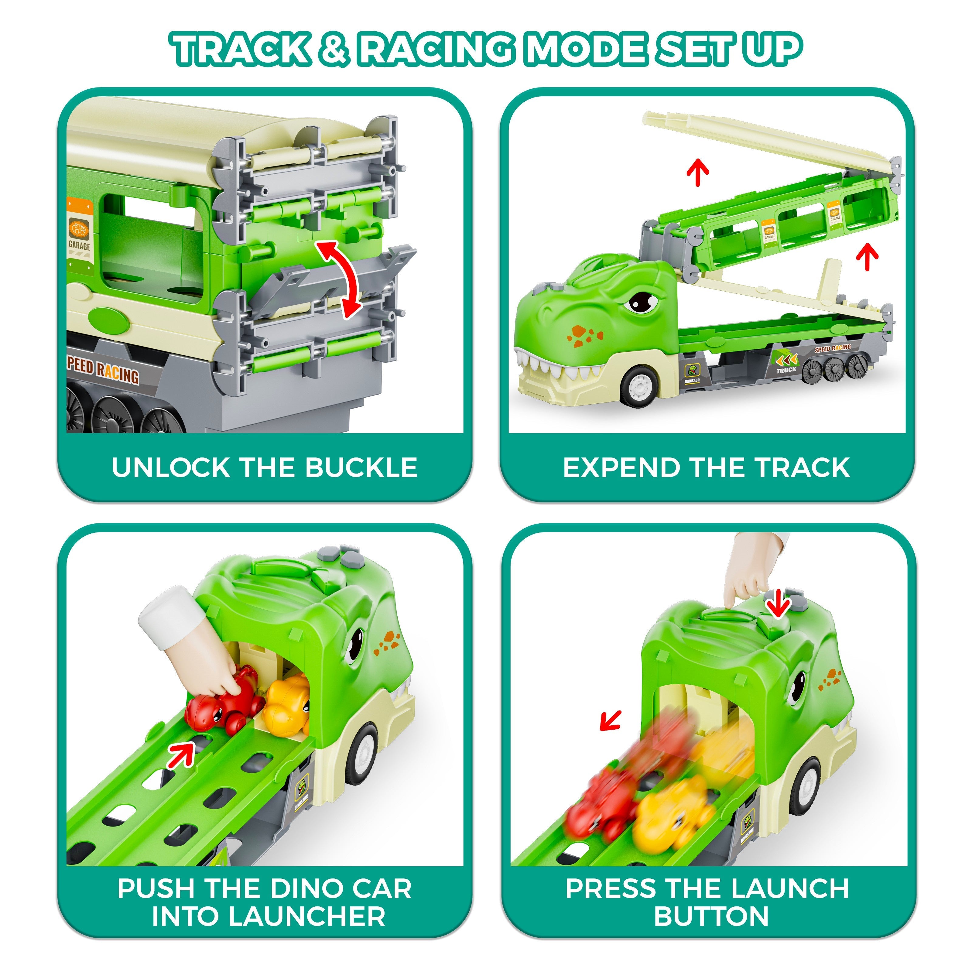 Dinosaurus Speelgoed Truck | 2-in-1 Transporter met Racebaan