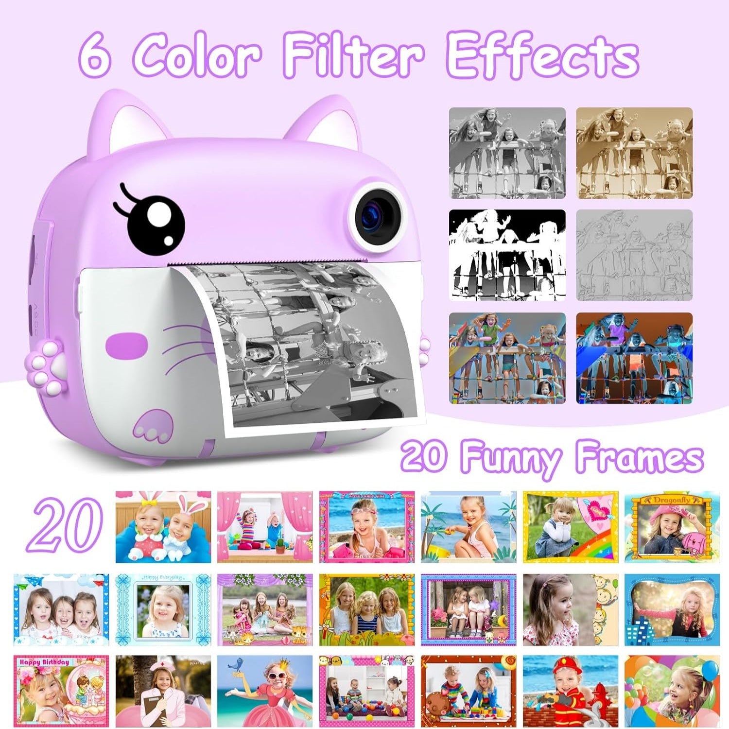 Kinder instantcamera|Selfie & printcamera met papier en 32GB kaart