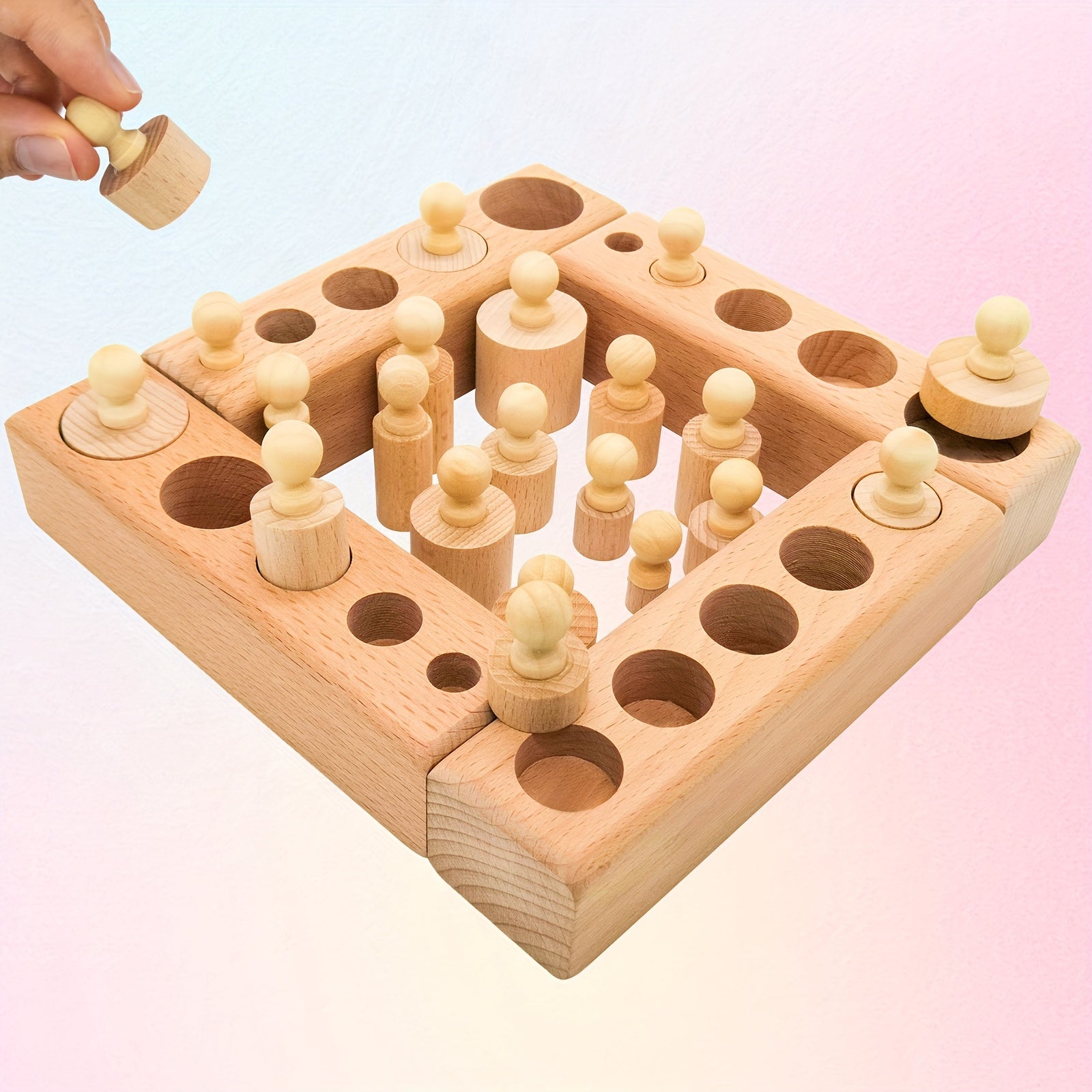 4-delige Houten Cilinderblokken Set met Knoppen | Sensorisch Educatief Speelgoed | Geschikt voor Peuters vanaf 3 Jaar