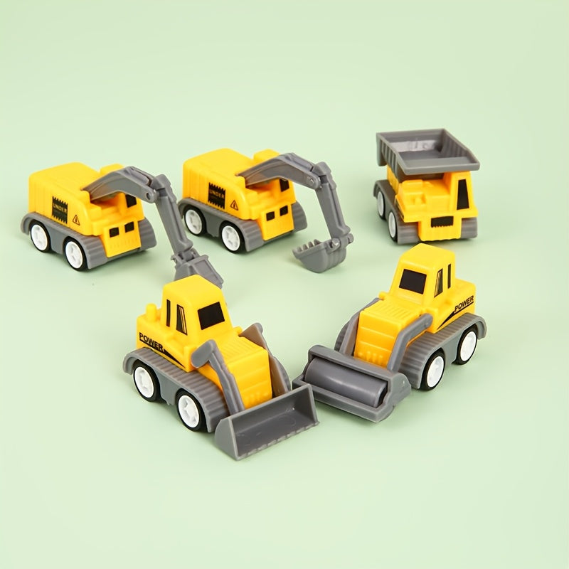 A set van 6 miniatuur bouwvoertuigen speelgoedsets, met handvat en gele kraan, graafmachine en truckmodellen – perfect als kerstcadeau, feestverrassing of taartdecoratie