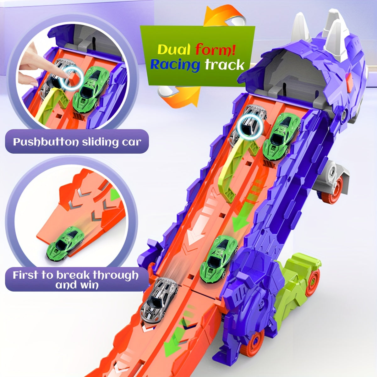 Triceratops Transport Truck 3-in-1 Speelset | Transformeerbaar Spoorweg-Lanceervoertuig | Inclusief Meerdere Metaalauto’s | Voor 3+ Jaar | Paars & Groen