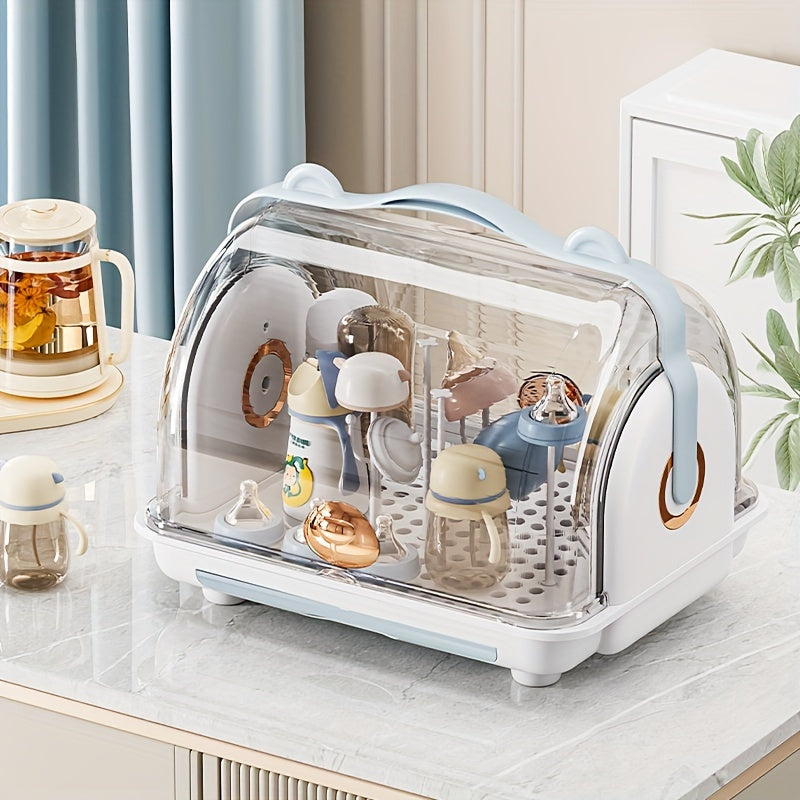 Opbergdoos voor op het bureau met deksel | Stofbestendig flessenrek met afvoer voor babyservies