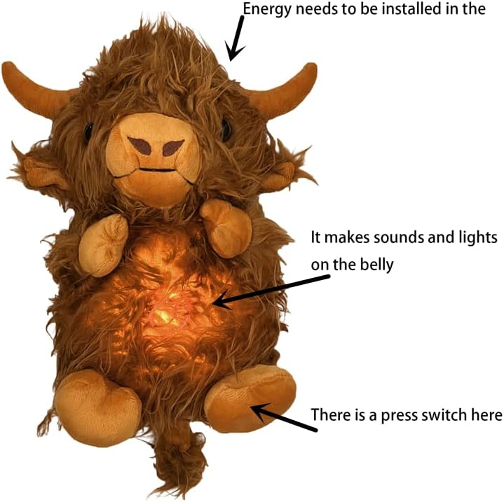 Hoogland Koe Knuffel | Ademend Pluche Voor Stressverlichting | Muziek & Realistische Beweging | Cute Pluche Speelgoed 3+