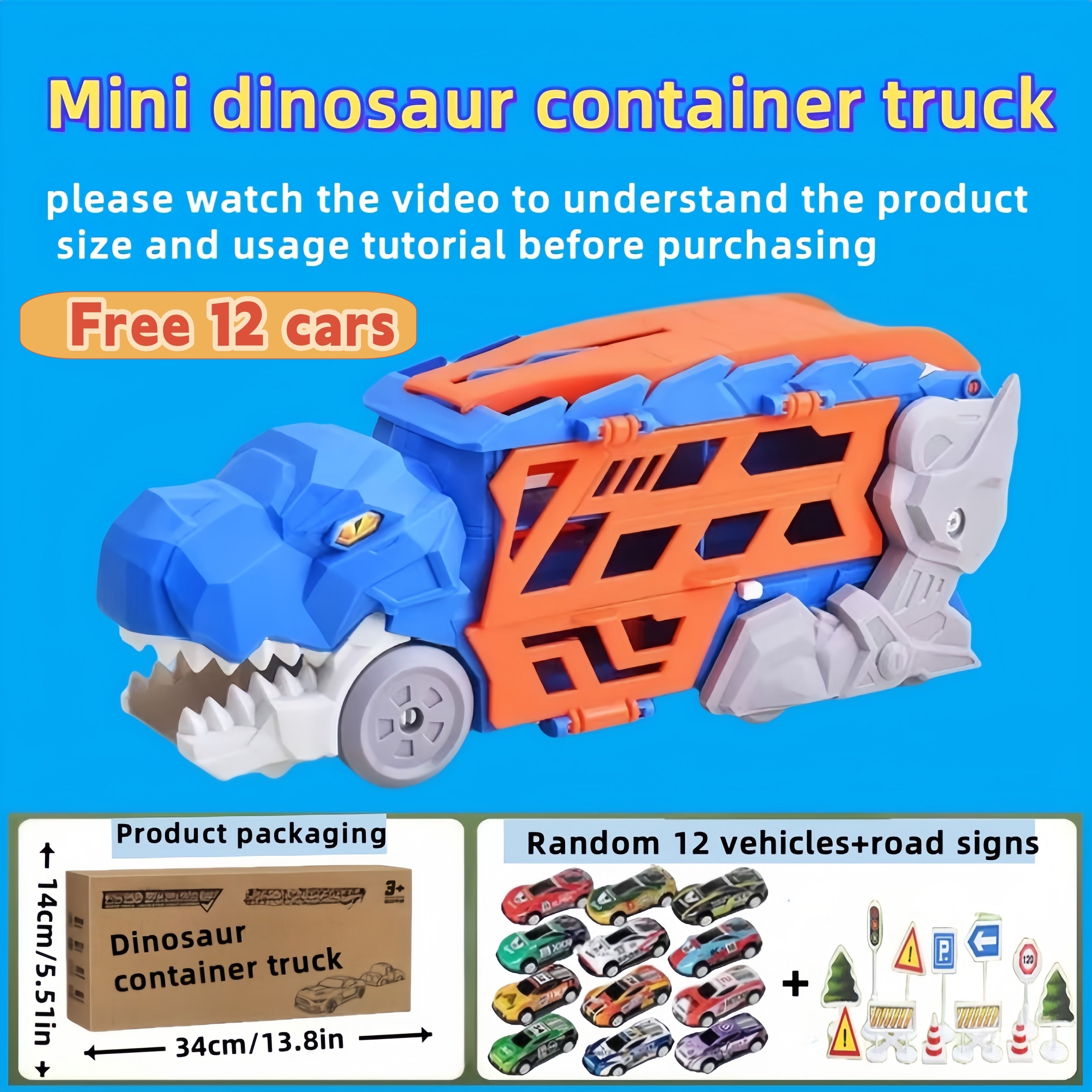 Dinosaurus Transporter Truck met Vouwbare Racebaan & Legering Auto's | Wind-Aangedreven Dino Vrachtwagen | Perfect Cadeau voor Kinderen 3-7 | Blauw & Groen | Educatief Speelgoed