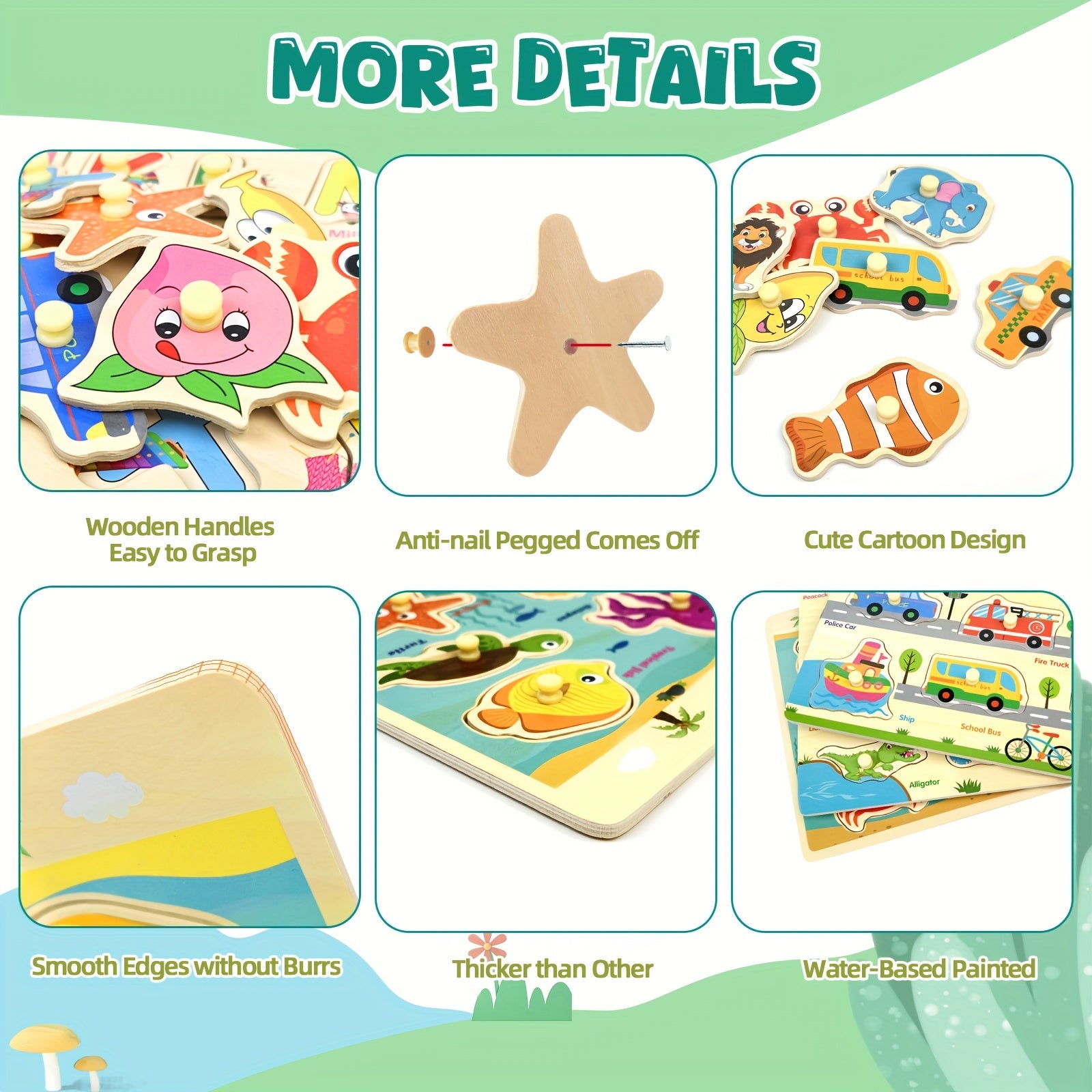 6 Houten Peg Puzzels | Dieren, Alfabet en Nummers Educatief Speelgoed