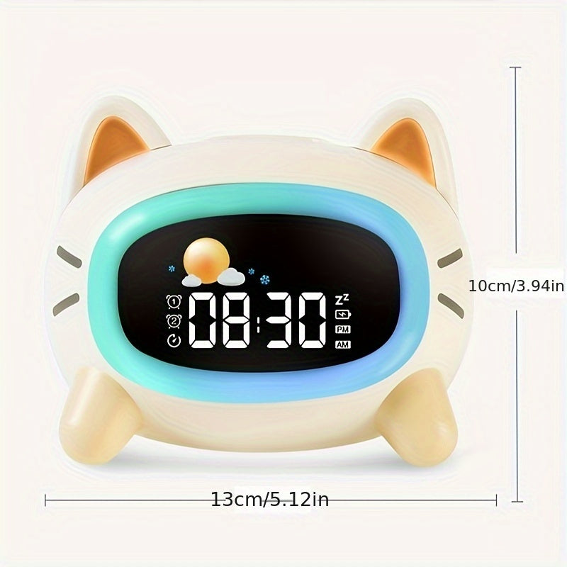 Digitale Slaaptrainer en Wekker met Witte Ruis voor Kinderen - Kat Thema Klok met Gekleurde Nachtlamp en Dubbel Alarm