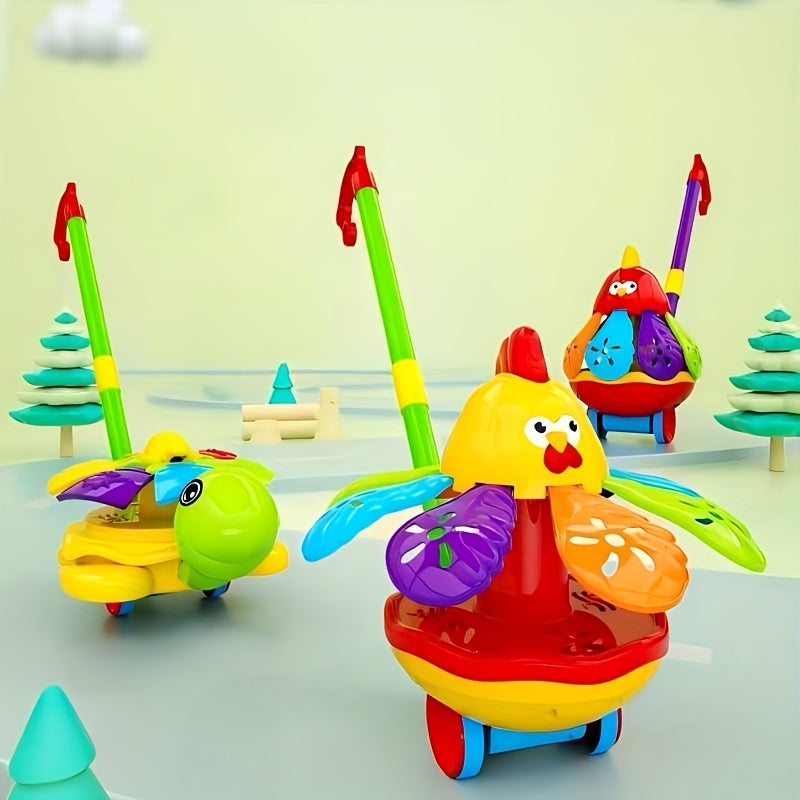Vrolijk Duwfiguur met Duwstok voor Peuters vanaf 18 Maanden - Loopspeelgoed Schildpad of Kip voor Jongens en Meisjes - Interactief Cadeau voor Baby's Eerste Stapjes