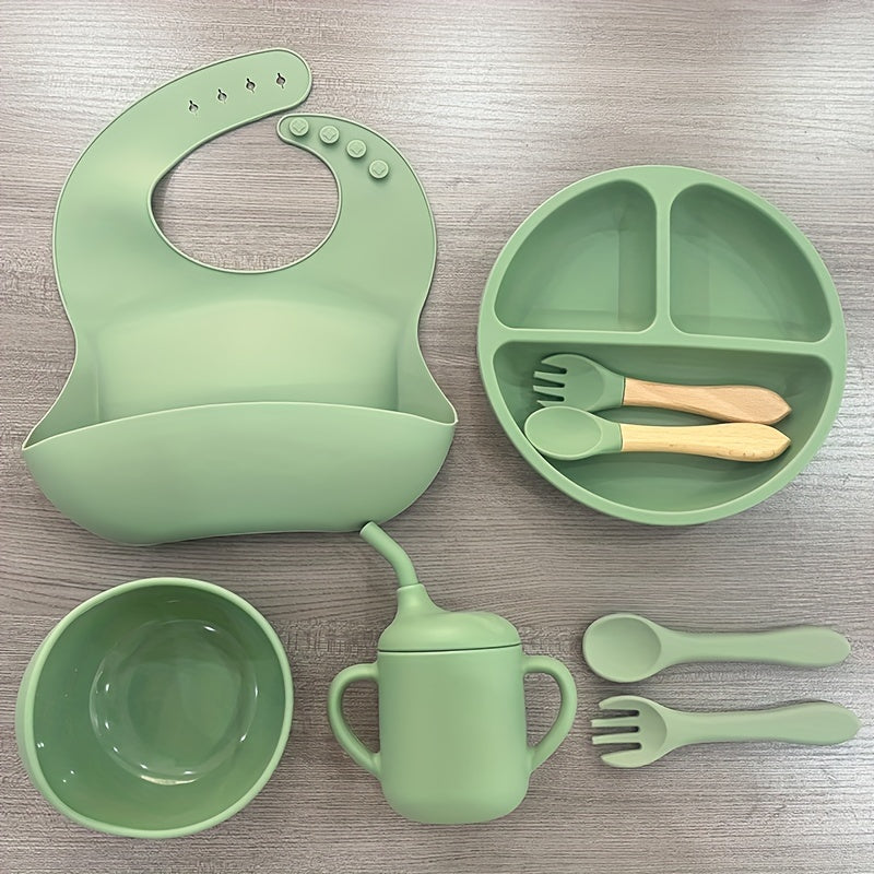 Silicone Baby Eetset | Magnetron- & Ovenbestendig | Voor 0-3 Jaar | Inclusief Zuigplaat, Kom, Bestek, Verstelbare Slab & Snackbeker