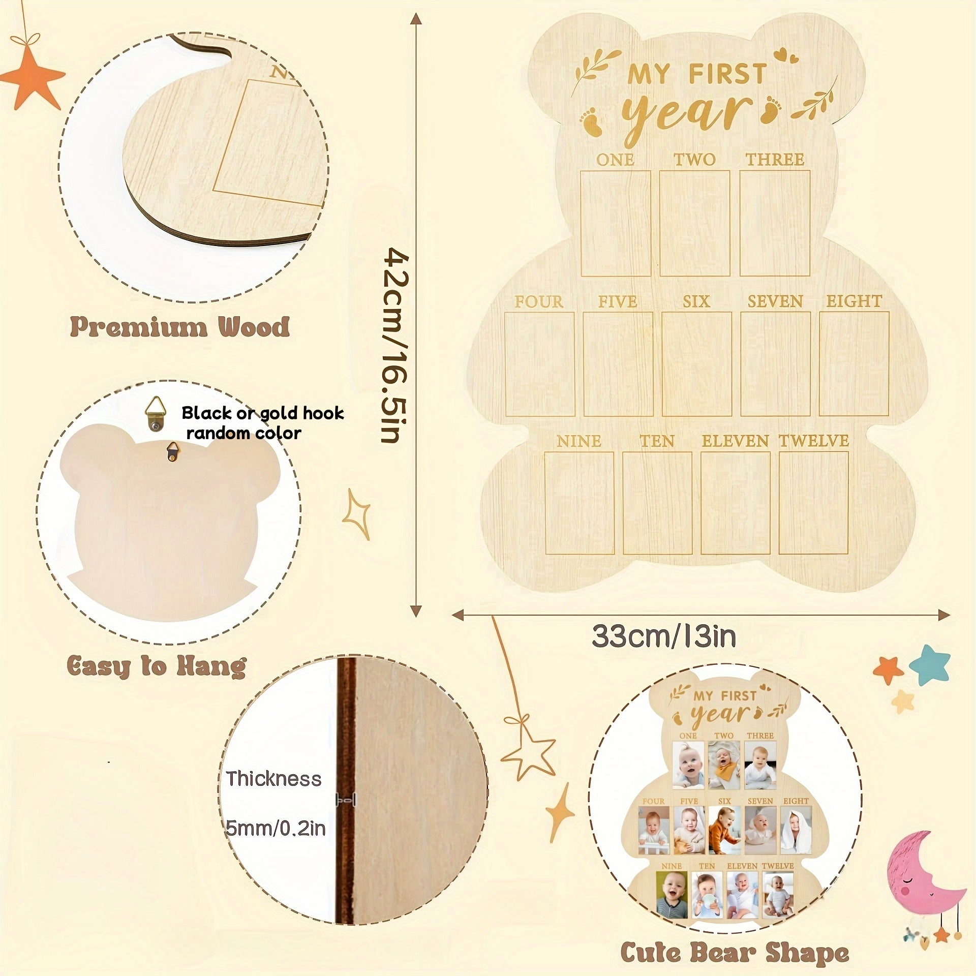 Houten Beer Vormige Fotolijst | Eerste Jaar Mijlpaallijst van Baby Kamerdecor Souvenir Cadeau