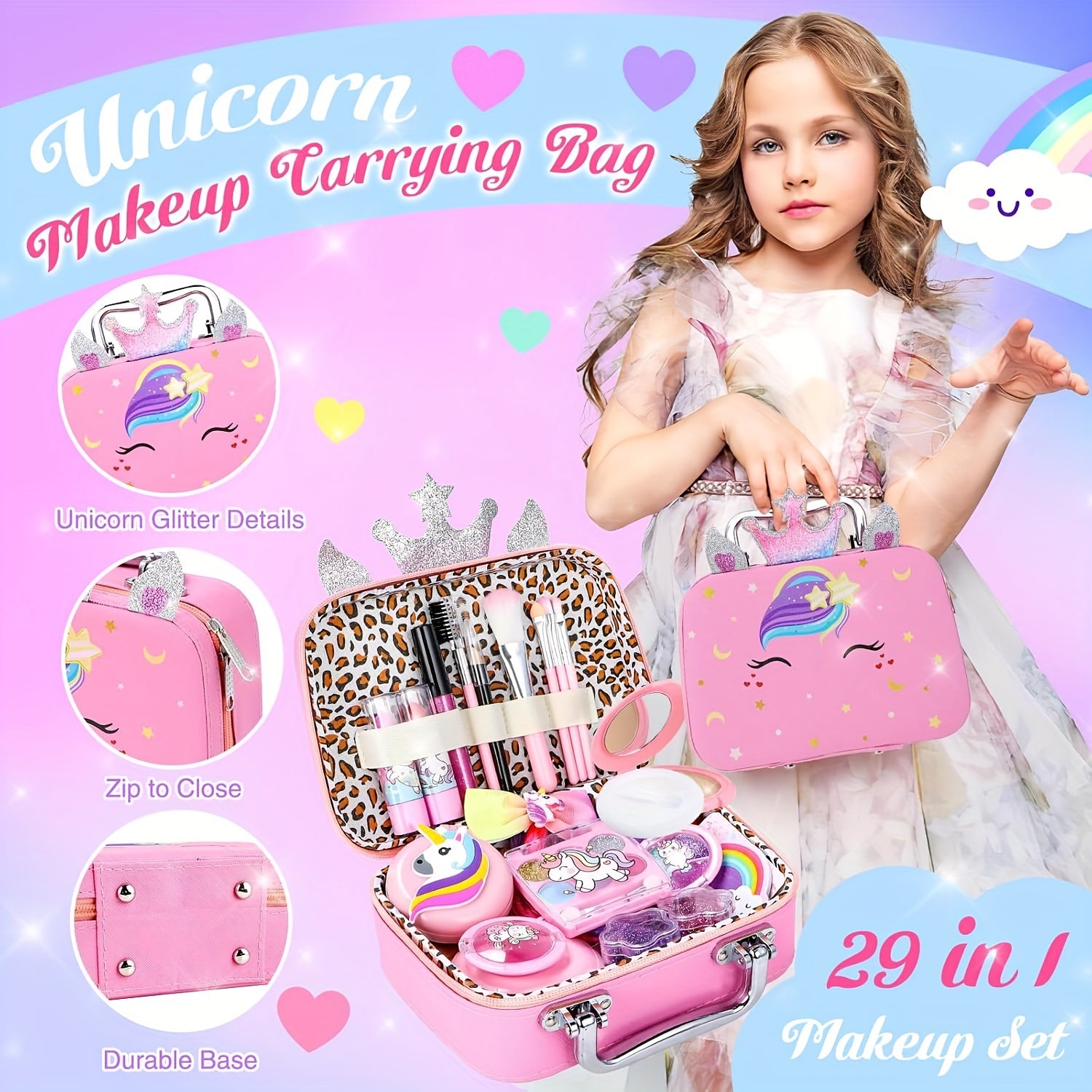 Make-up Set voor Kinderen - Afwasbare Make-up met Eenhoorn Tas - Voor Meisjes van 3 tot 12 Jaar - Ideaal voor Rollenspel & Verjaardags- of Kerstcadeaus