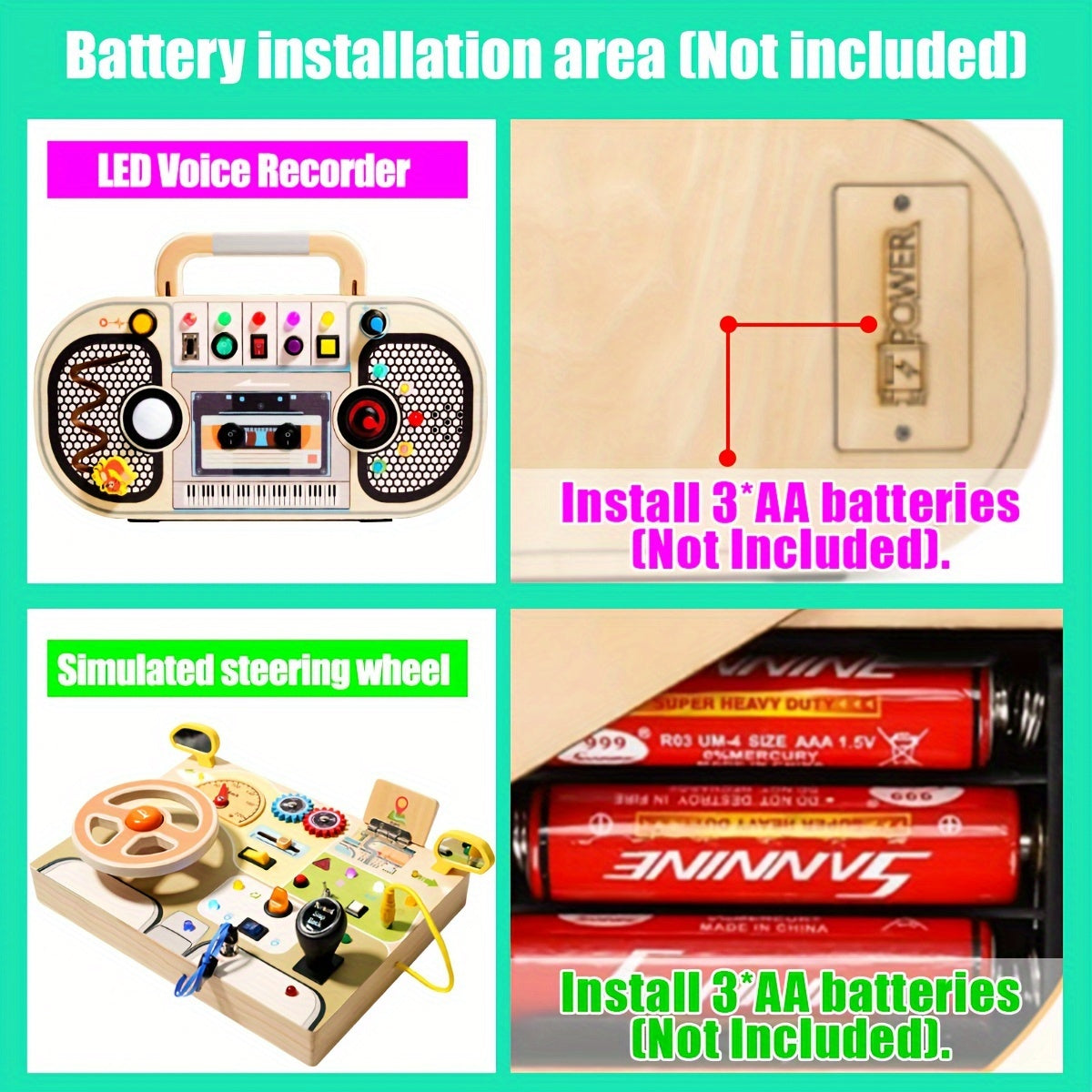 Interactief houten bord voor kinderen | Educatief stuurwiel met LED, muziek en sensorische activiteiten - Perfect reis speelgoed en cadeau voor Kerst/Halloween, assorti kleuren.