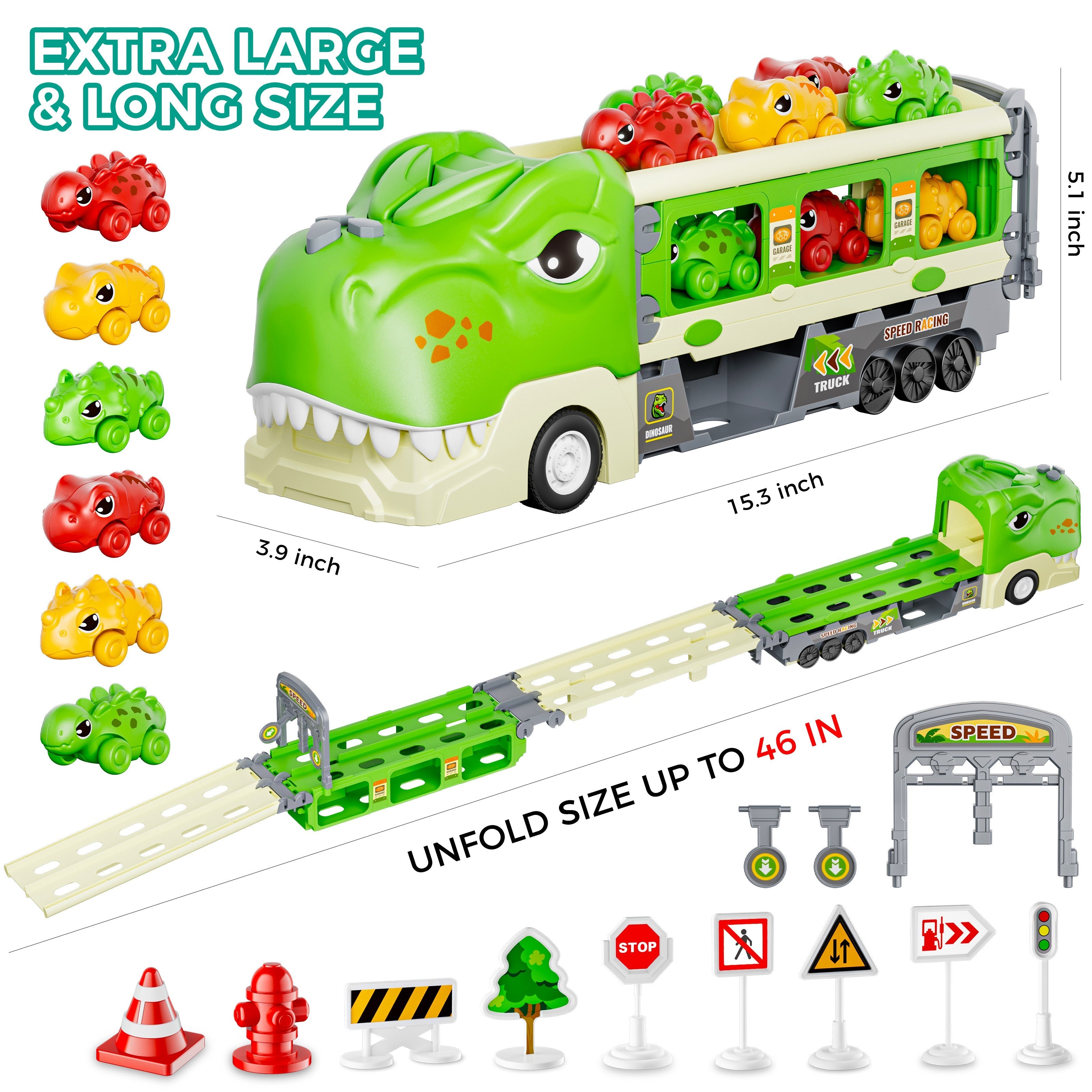 Dinosaurus Speelgoed Truck | 2-in-1 Transporter met Racebaan