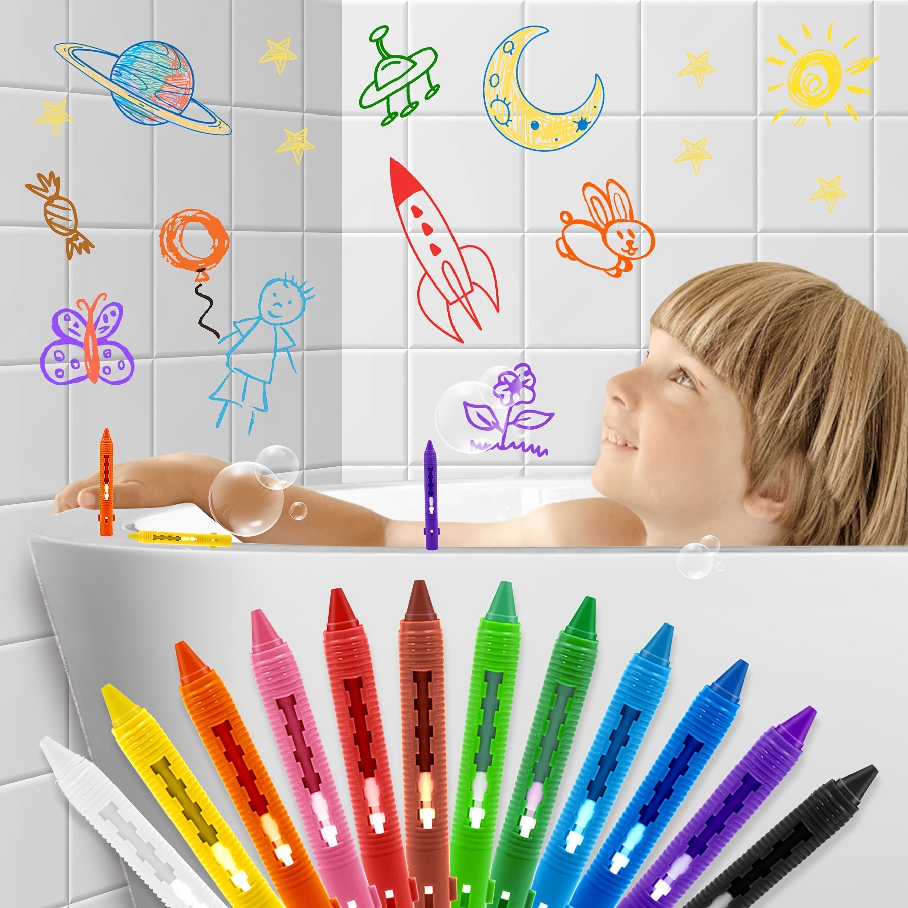 12-delige Wasbare Badkrijt Set | Levendige, Niet-Giftige Badkamer Markers, Ruimte-Thema Speelgoed, Gemakkelijk Schoon te Maken, Perfect voor Jonge Kinderen