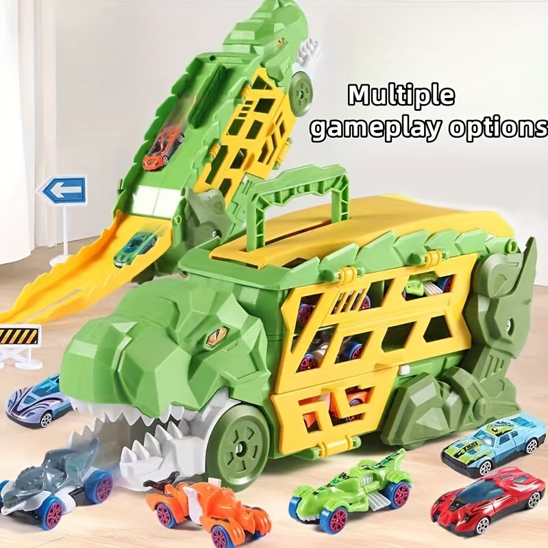 Dinosaurus Transporter Truck met Vouwbare Racebaan & Legering Auto's | Wind-Aangedreven Dino Vrachtwagen | Perfect Cadeau voor Kinderen 3-7 | Blauw & Groen | Educatief Speelgoed