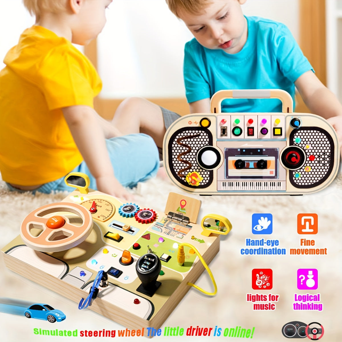 Interactief houten bord voor kinderen | Educatief stuurwiel met LED, muziek en sensorische activiteiten - Perfect reis speelgoed en cadeau voor Kerst/Halloween, assorti kleuren.