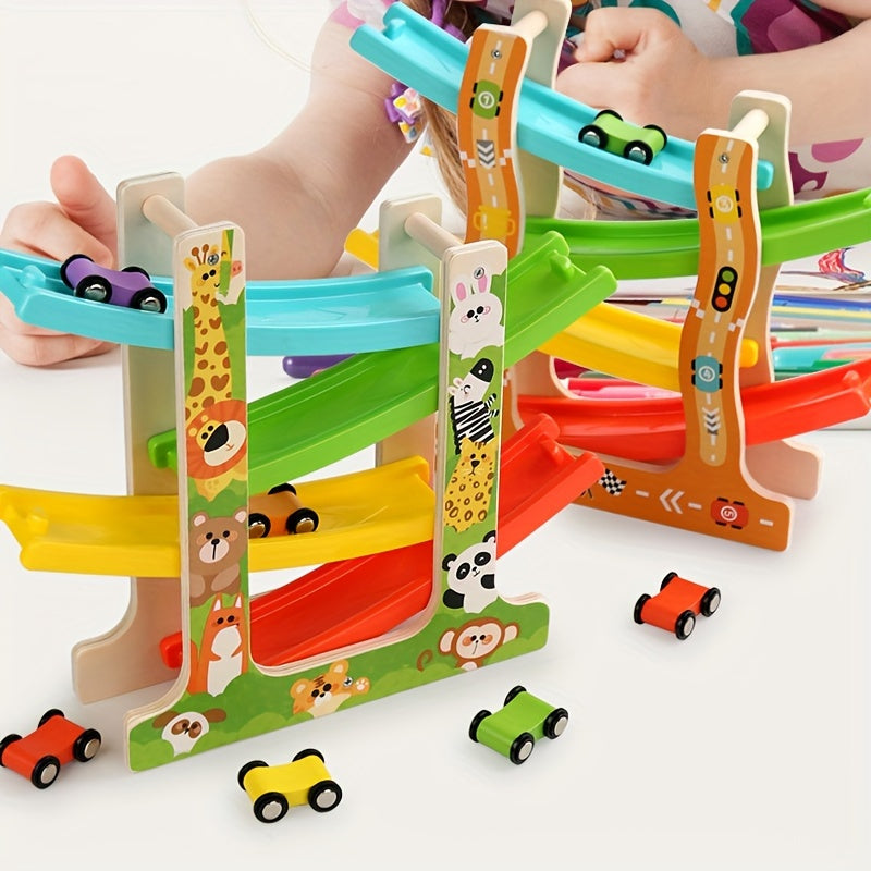 Houten Racebaan Set met Glijauto's | Educatief Speelgoed voor Ruimtelijk Inzicht & Oog-Hand Coördinatie Training Kerstcadeau voor 3+ Jaar