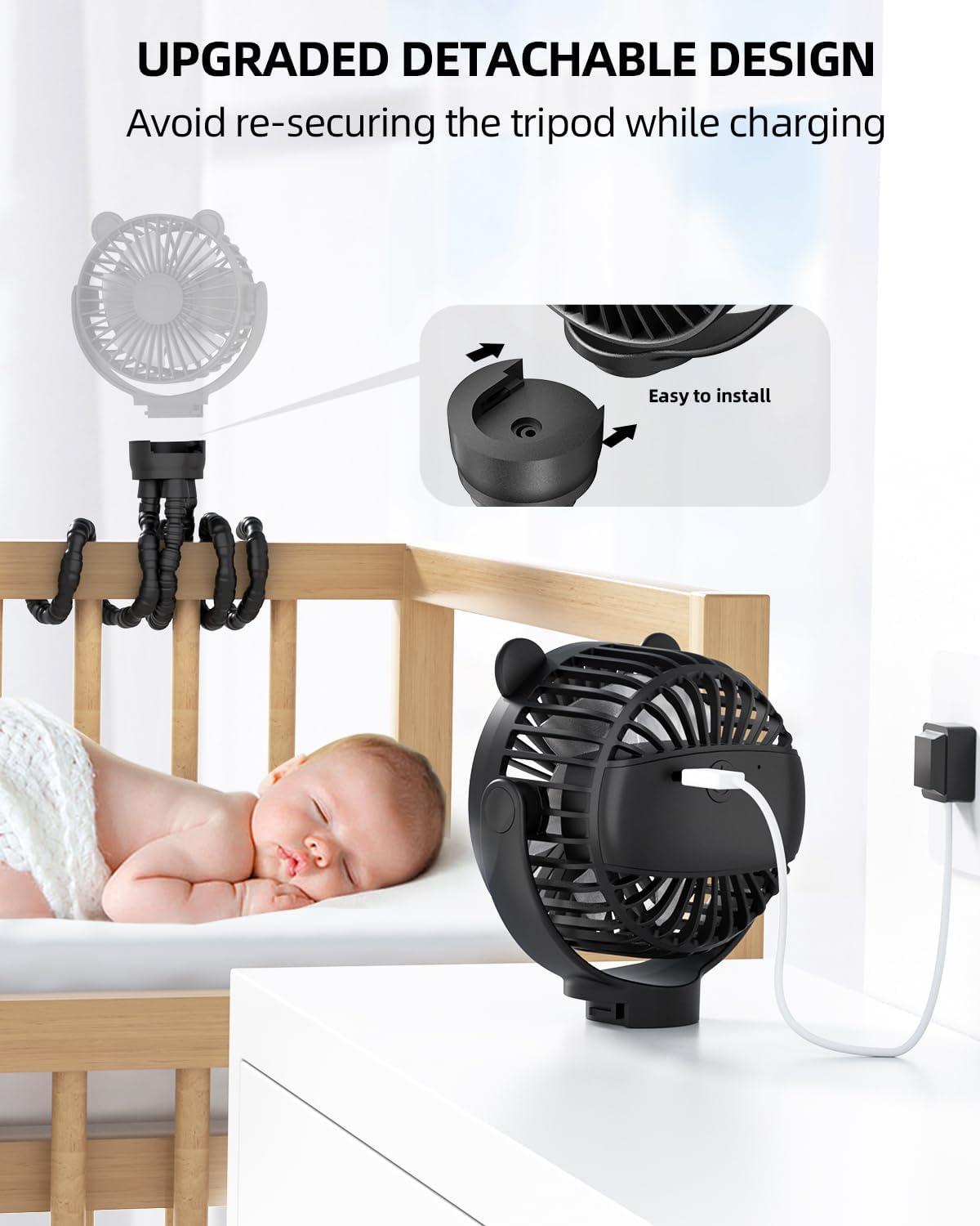 Draagbare kinderwagenventilator|Oplaadbare mini ventilator 360° rotatie 3 snelheden zwart