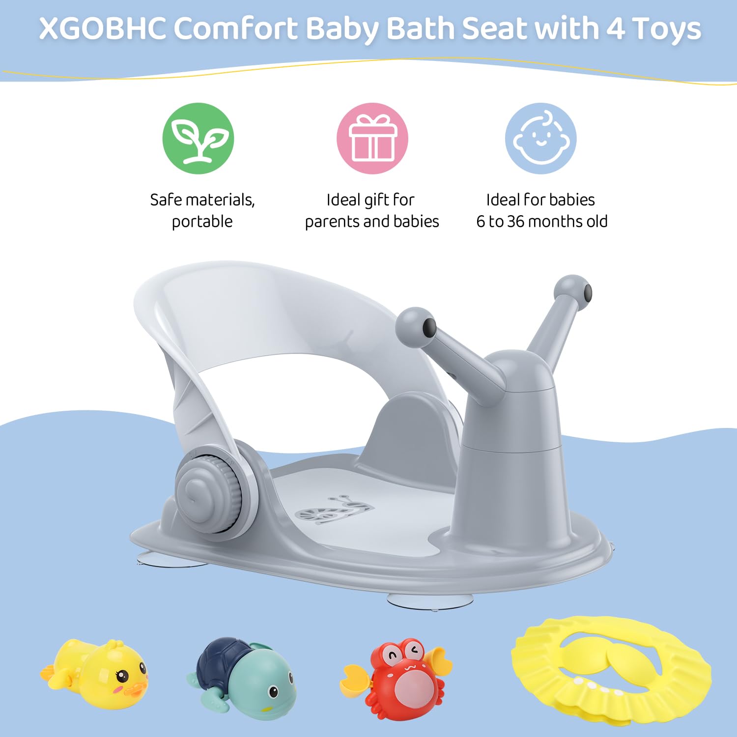 Baby Badstoeltje 6-12 Maanden Opvouwbaar badstoeltje met 3 gratis badspeeltjes en 4 veiligheidszuignappen | Comfortabele badervaring in grijze kleur