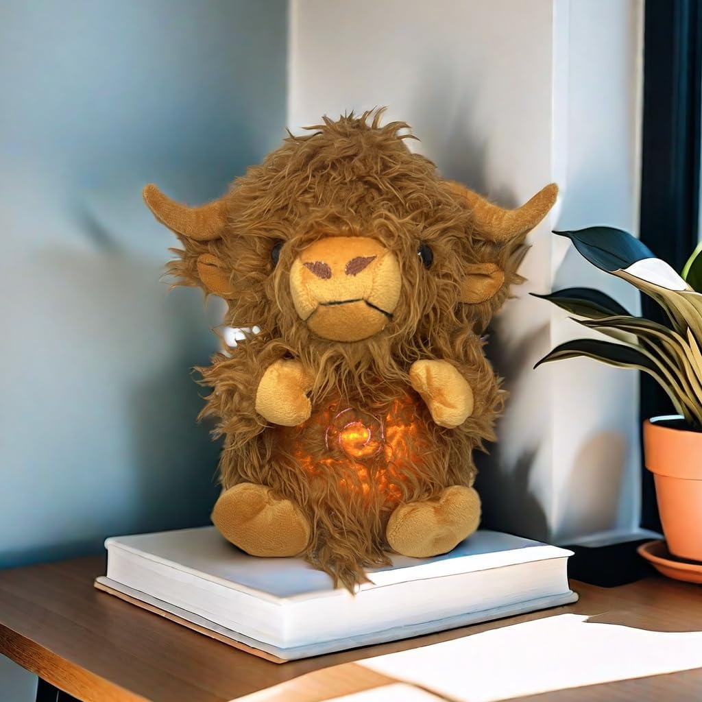 Hoogland Koe Knuffel | Ademend Pluche Voor Stressverlichting | Muziek & Realistische Beweging | Cute Pluche Speelgoed 3+
