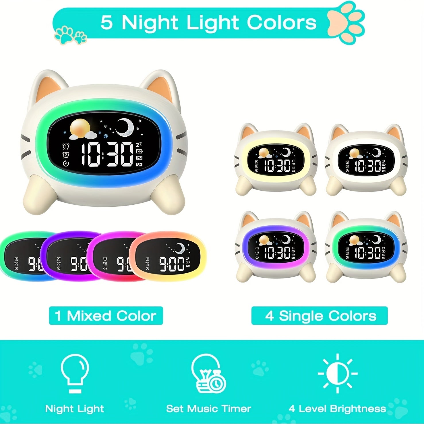 Digitale Slaaptrainer en Wekker met Witte Ruis voor Kinderen - Kat Thema Klok met Gekleurde Nachtlamp en Dubbel Alarm