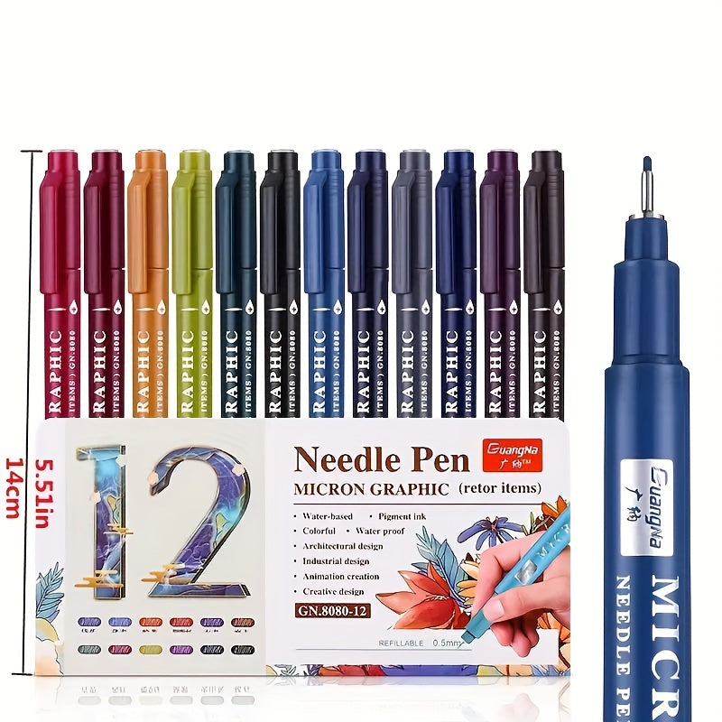 12x Micron Fineliners | 0.5mm | Waterbestendige Inkt | Intrekbare Kleurpennen | Voor Studenten & Kunstenaars