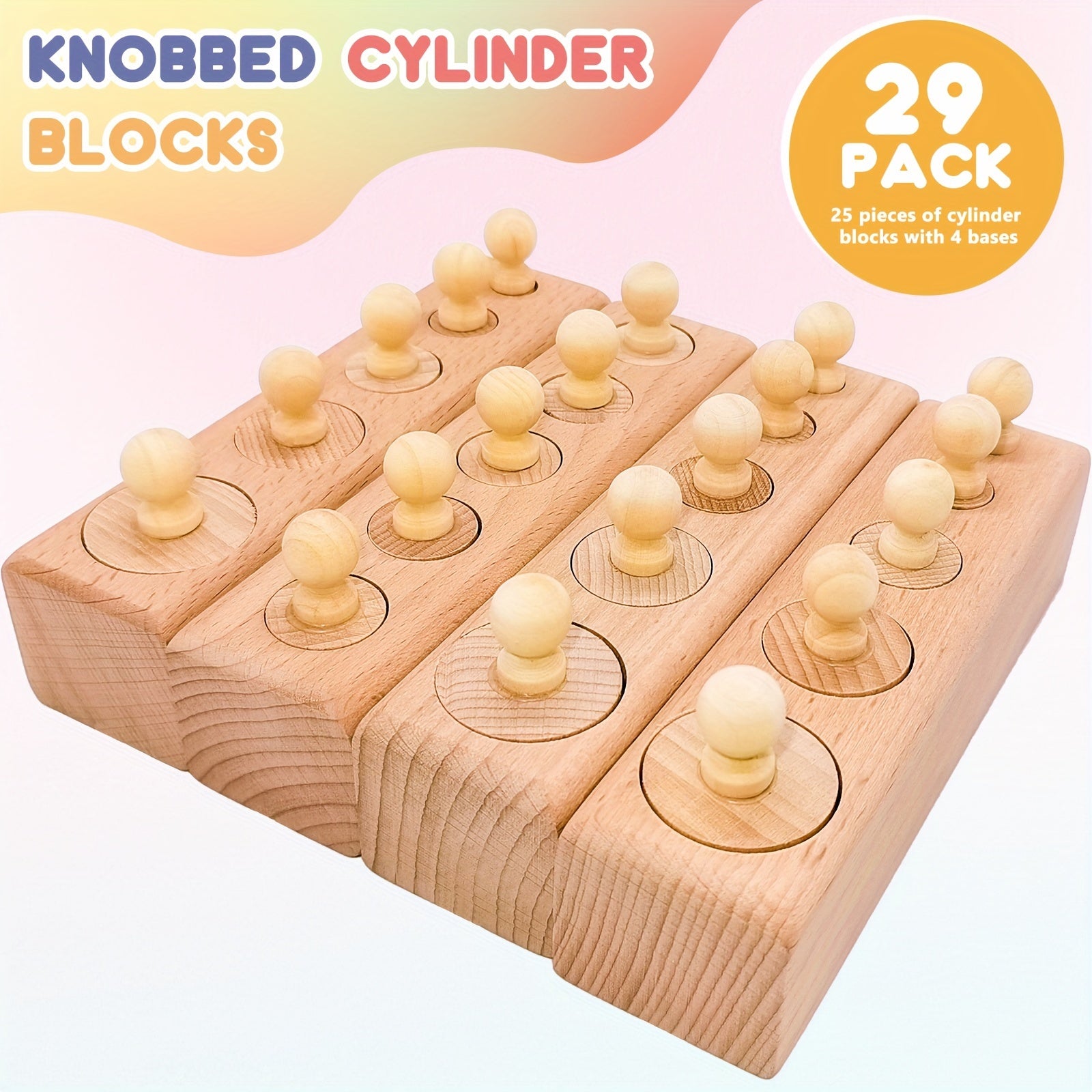 4-delige Houten Cilinderblokken Set met Knoppen | Sensorisch Educatief Speelgoed | Geschikt voor Peuters vanaf 3 Jaar