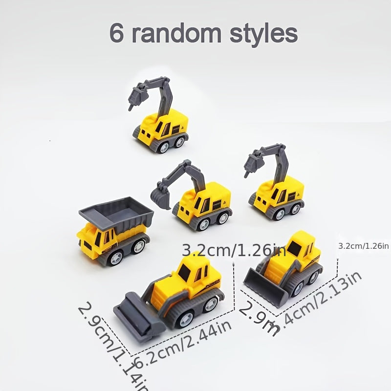 A set van 6 miniatuur bouwvoertuigen speelgoedsets, met handvat en gele kraan, graafmachine en truckmodellen – perfect als kerstcadeau, feestverrassing of taartdecoratie