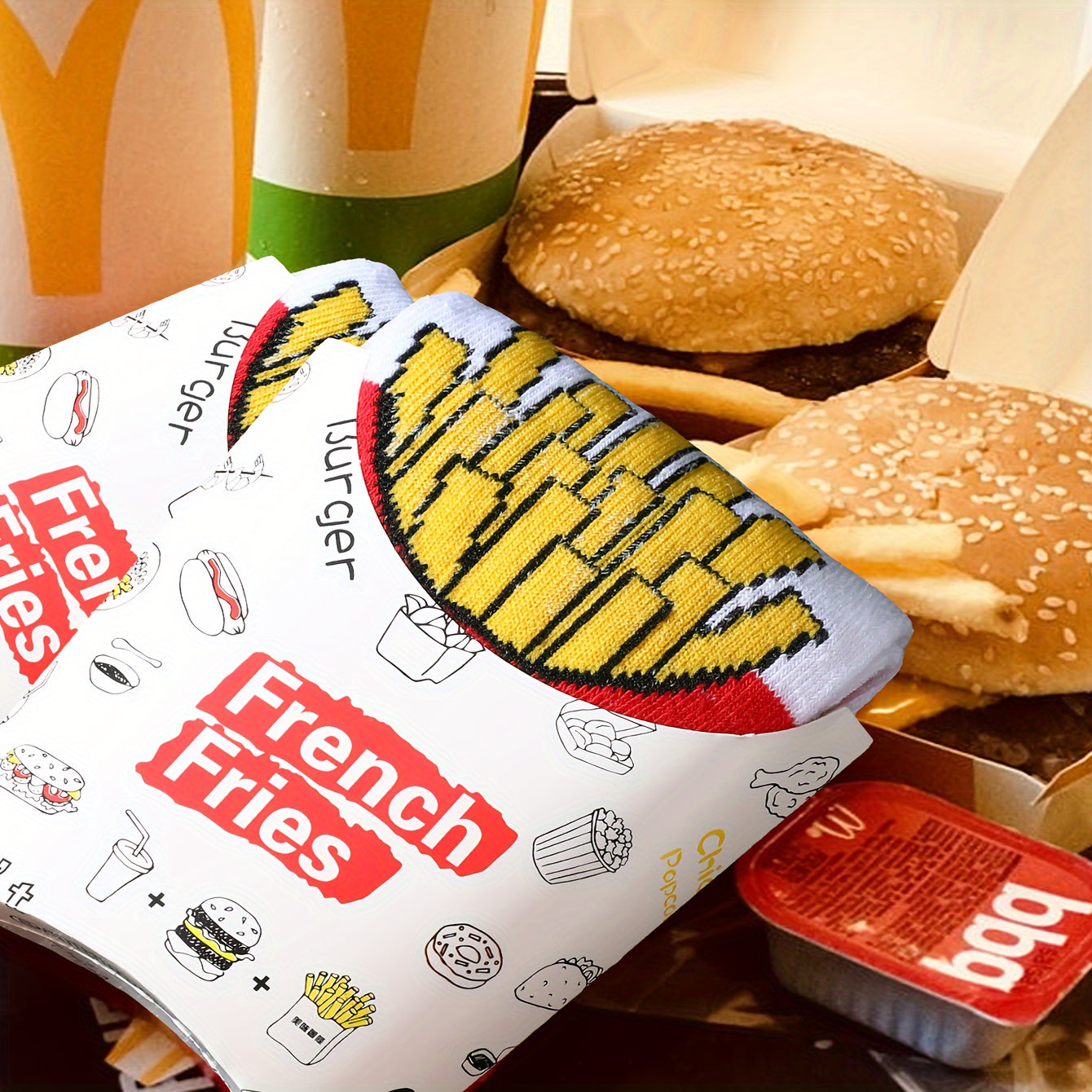 Heren Sokken met Franse Friet Print – Comfortabel, Ademend en Creatief Cadeau