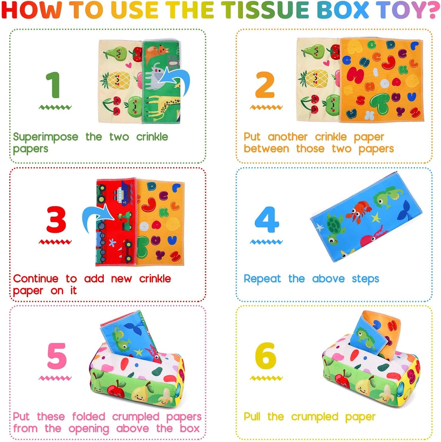 Montessori Tissue Box Speelgoed | Zacht Gevuld Hoog Contrast Krinkel Infant Sensorisch Baby Speelgoed 6 tot 12 Maanden Vroeg Leren Cadeaus