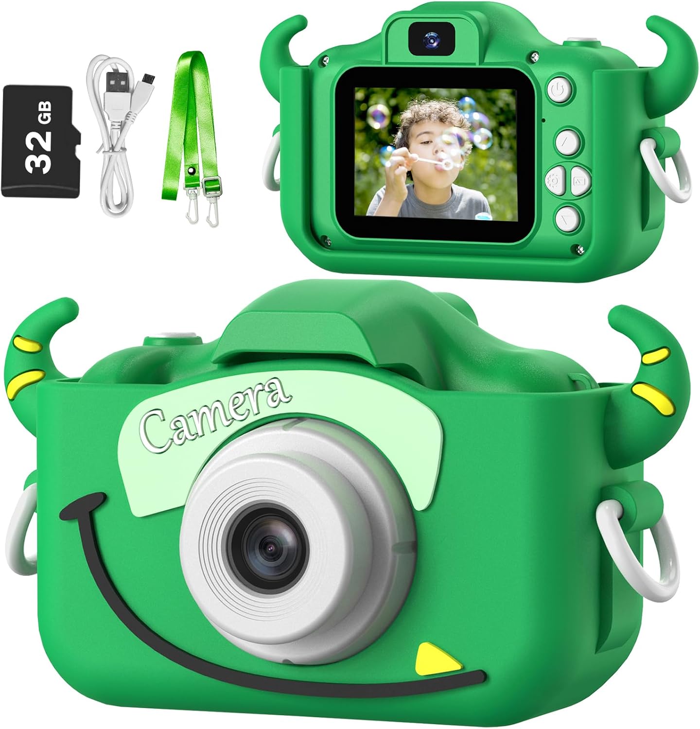 Kindercamera digitaal | Cartoon videocamera met zachte hoes & 32G SD-kaart inbegrepen