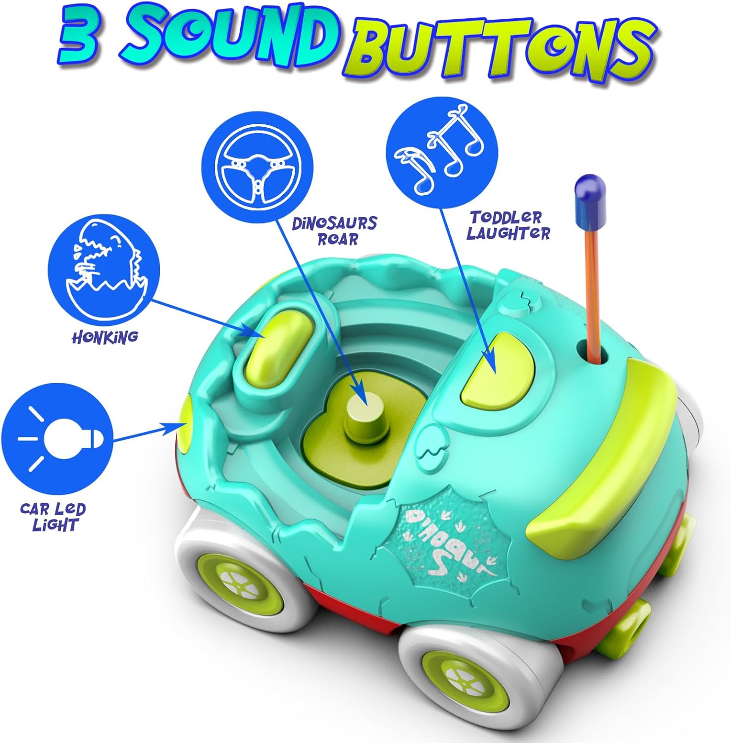 Dinosaurus Afstandsbediening Auto's voor Peuters 18+ Maanden | Veilig, LED Licht & Muziek | Geweldig Cadeau 2-5 Jaar