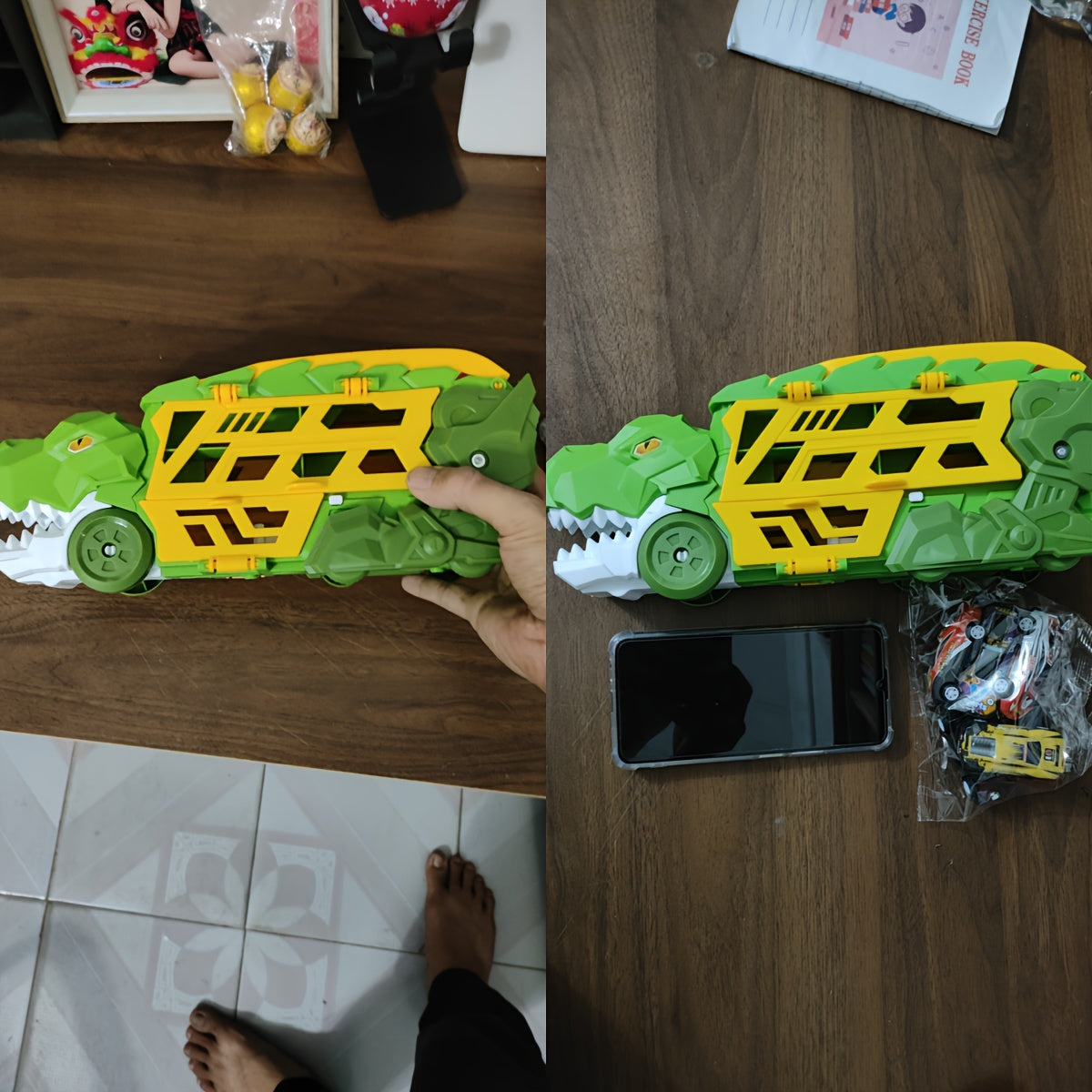 Dinosaurus Transporter Truck met Vouwbare Racebaan & Legering Auto's | Wind-Aangedreven Dino Vrachtwagen | Perfect Cadeau voor Kinderen 3-7 | Blauw & Groen | Educatief Speelgoed