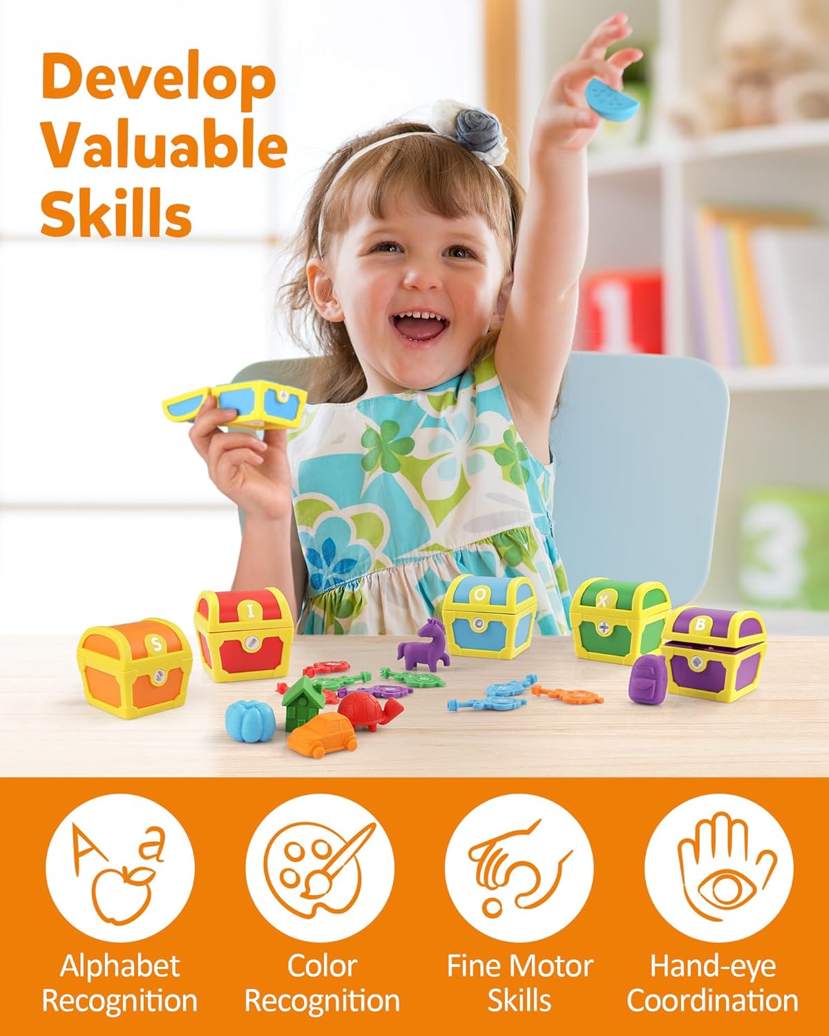 26-delige Alfabet Leerspeelset Schatkist met letters en sleutels | Montessori ABC kleursorteerspel, geschikt voor 3, 4 en 5 jaar