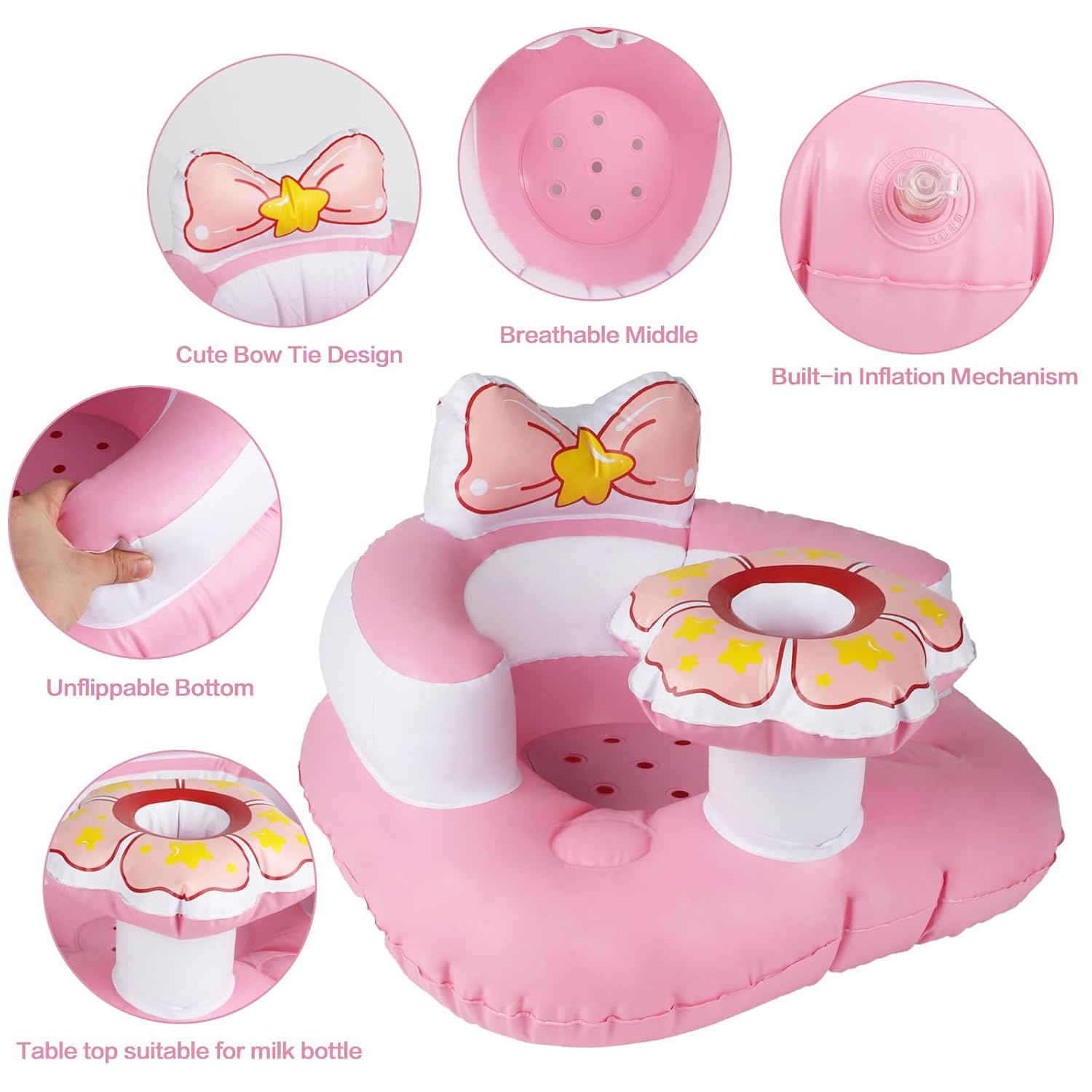 Multi-Functionele Opblaasbare Baby Zitstoel | Roze Vloerstoel voor Baby's met Ingebouwde Luchtpomp vanaf 6 Maanden