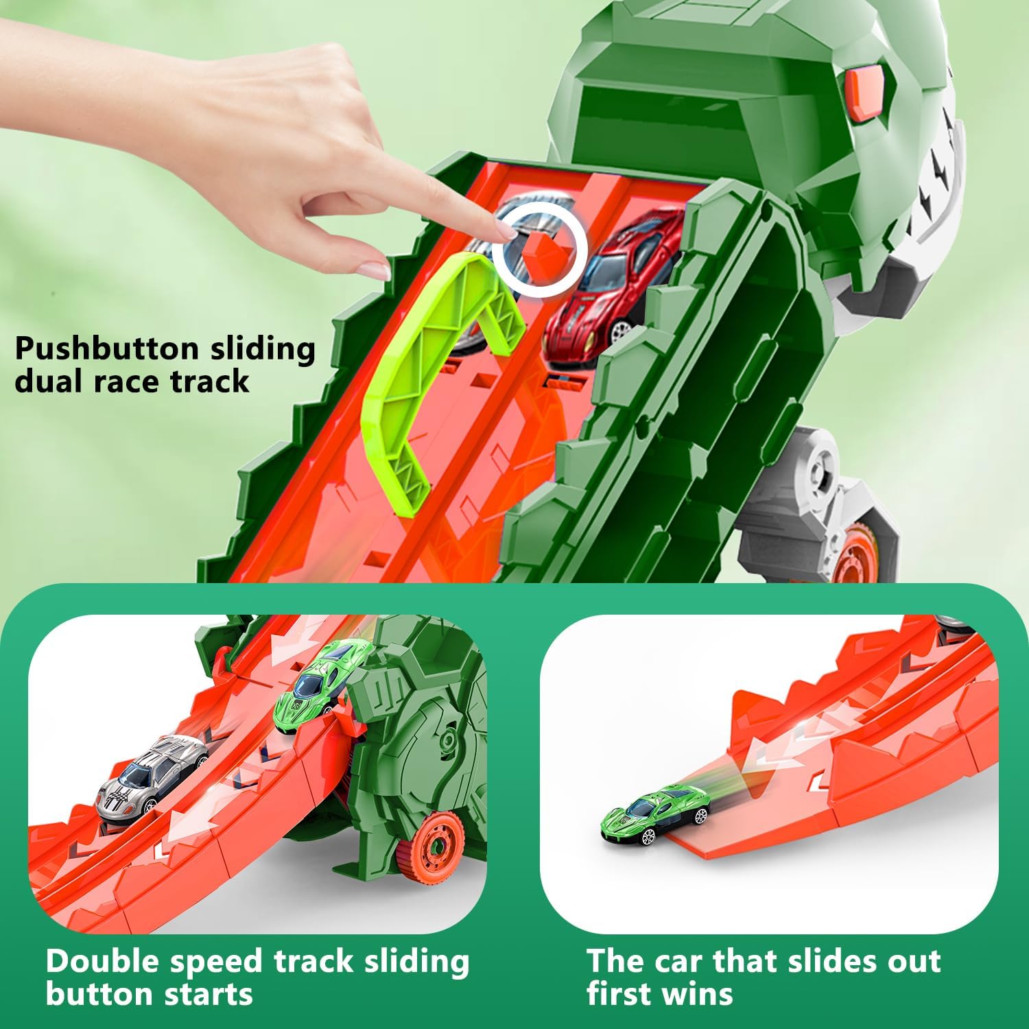 Super Transporteur Dino Stad met Racebaan | Transformeerbare Vrachtwagen met Dino Racebaan voor Kinderen van 3 tot 6 Jaar