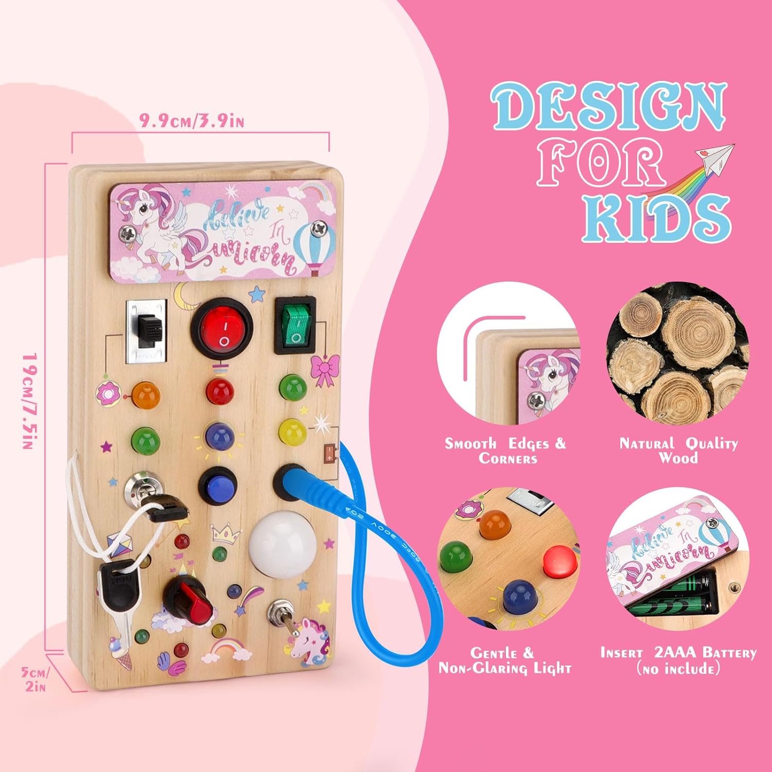 Houten Montessori Busy Board voor Peuters vanaf 1 Jaar - Educatief Activiteitenbord met LED Lichtjes en Schakelaars voor Baby, Jongens en Meisjes - Sensorisch Reisspeelgoed voor Kinderen