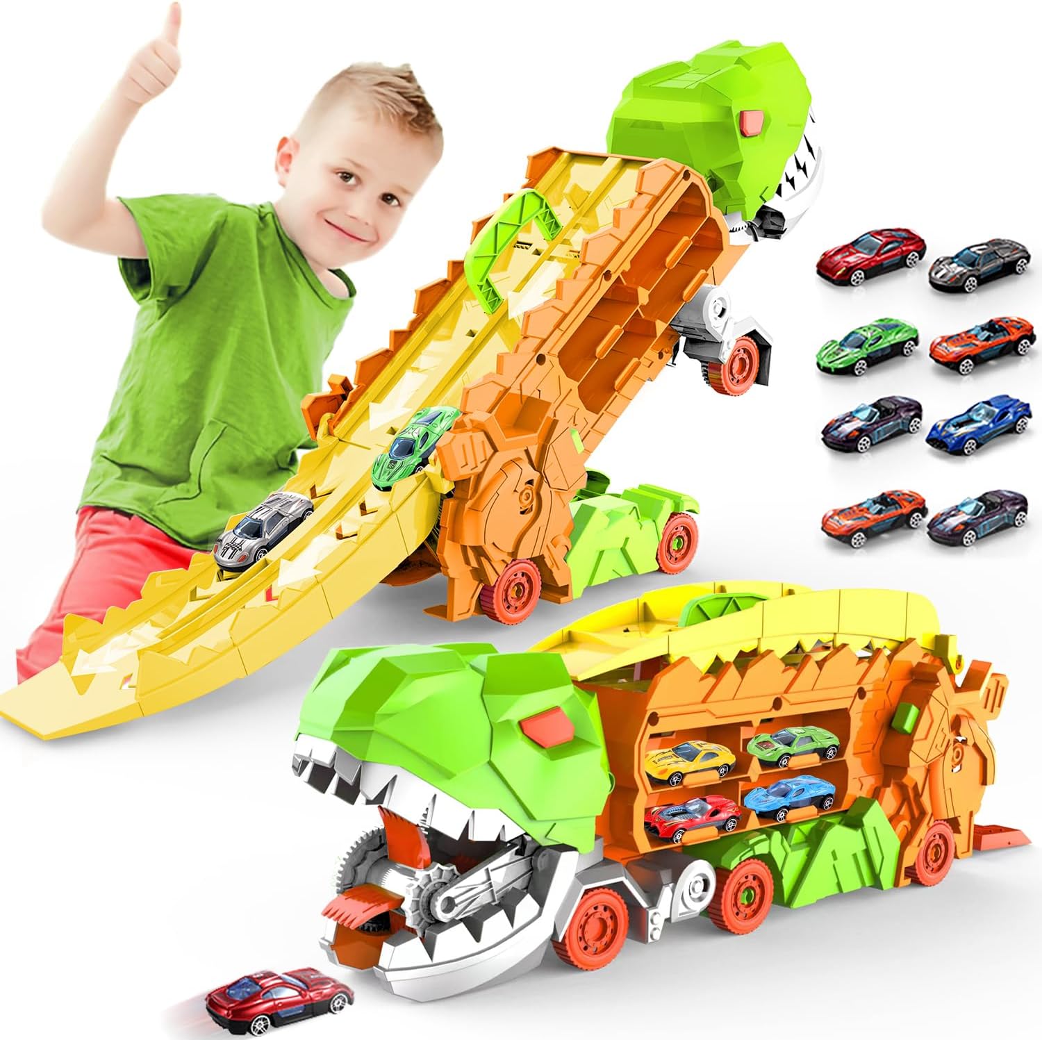 Dino Transporter Speelset met Piste | Transformeerbare Dinosaurus Truck met Racebaan voor Kinderen van 3-6 Jaar