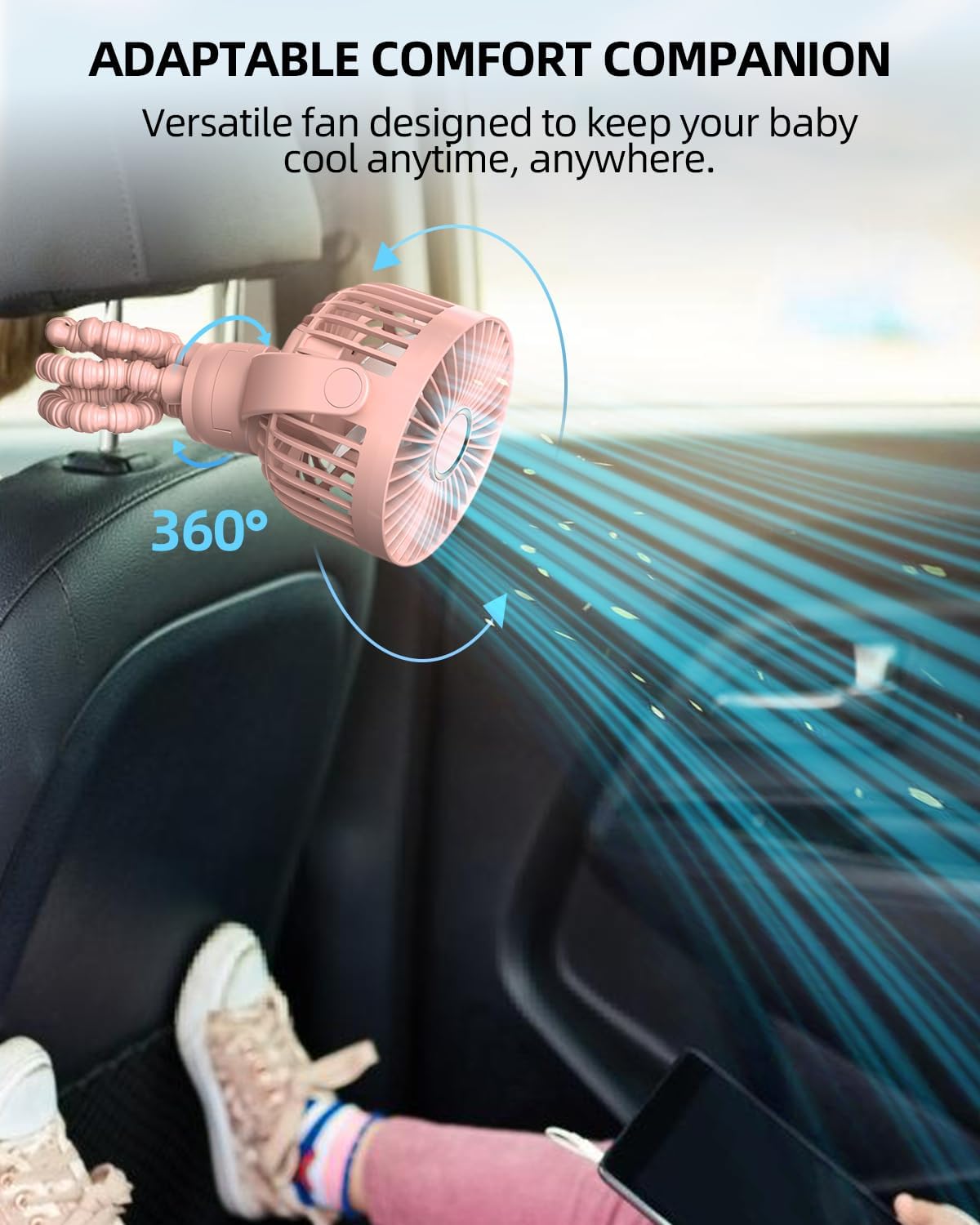 Mini kinderwagenventilator | draagbare oplaadbare reisventilator met 360° rotatie & 3 snelheden
