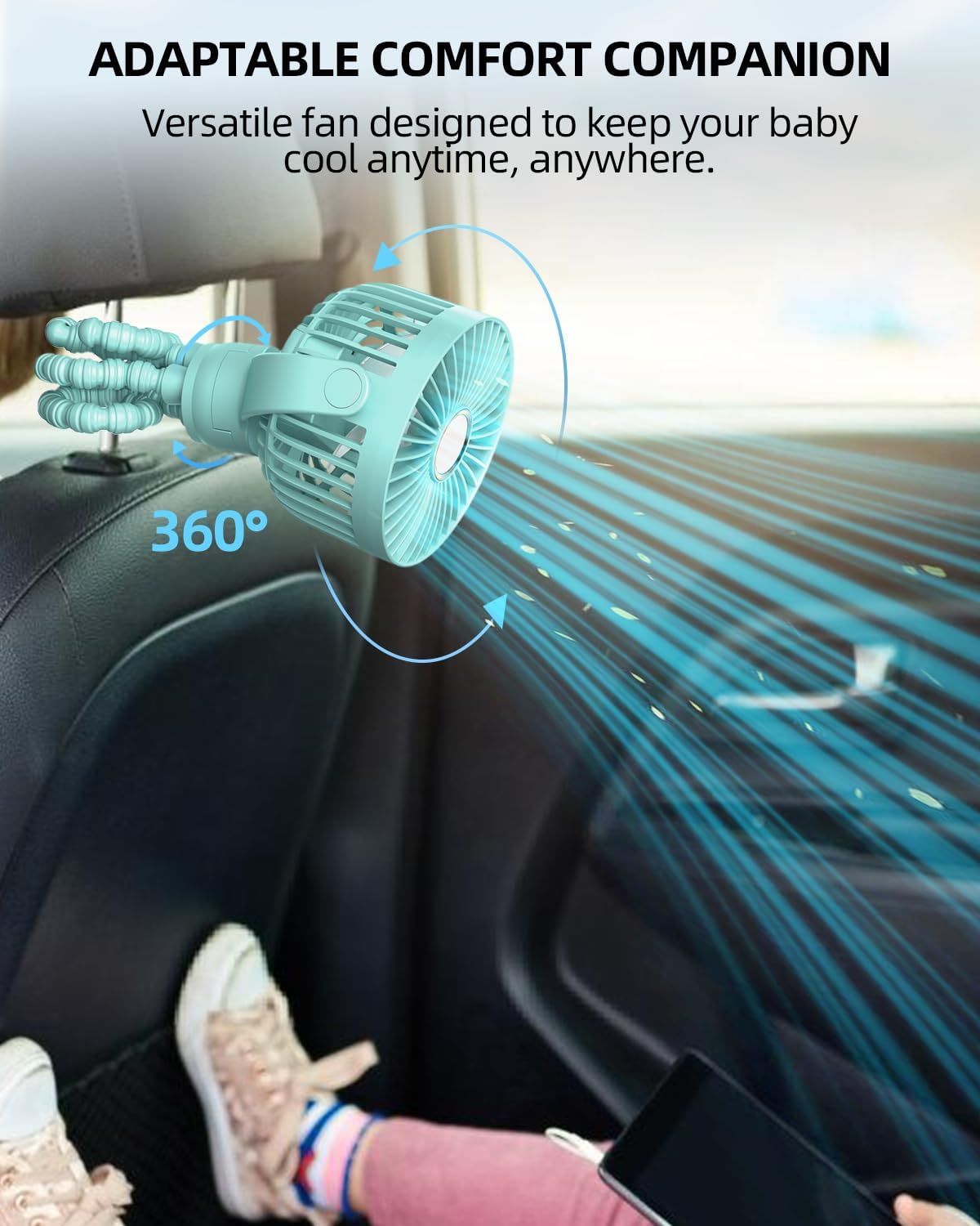 Mini kinderwagenventilator | draagbare oplaadbare reisventilator met 360° rotatie & 3 snelheden