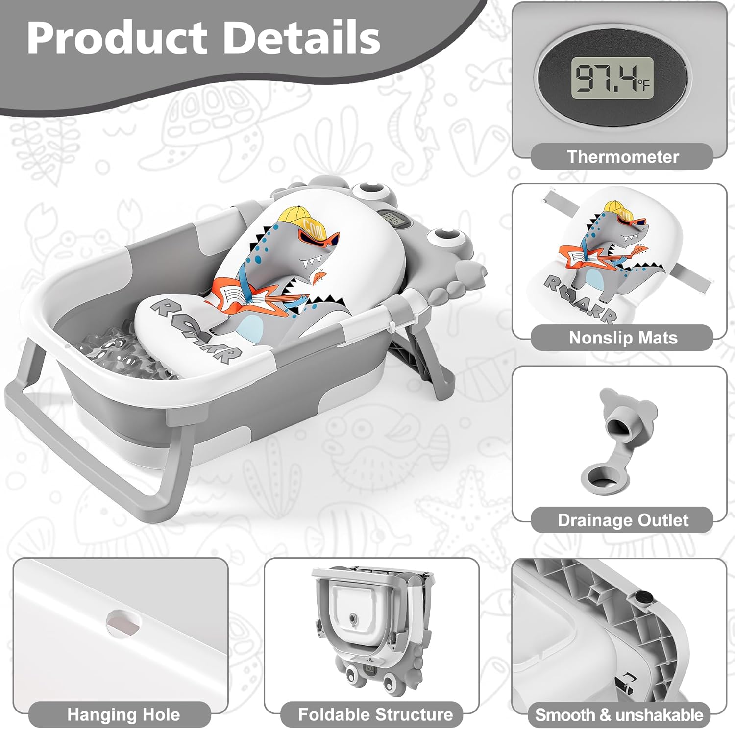 Inklapbaar babybad met thermometer | draagbaar opvouwbaar reisbad 0-36 maanden