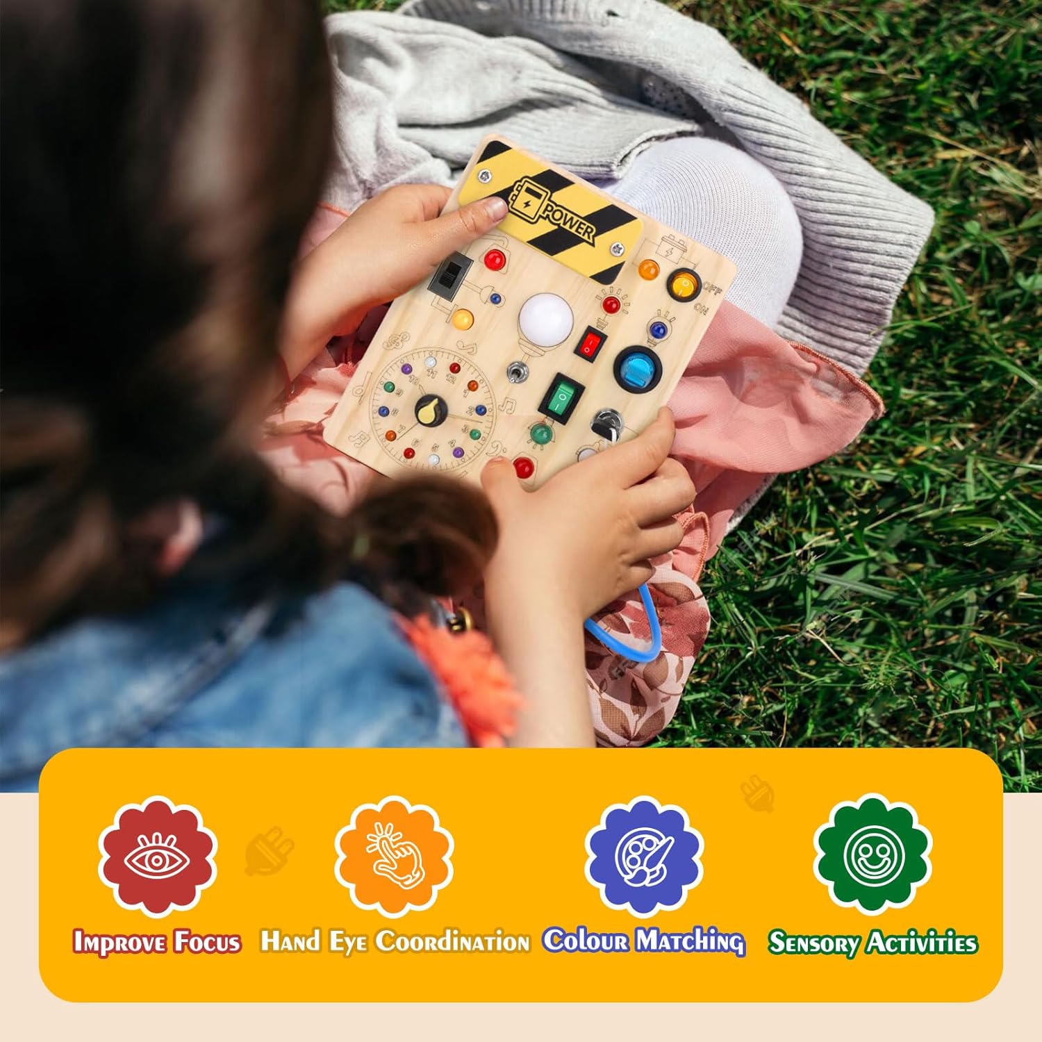 Houten Montessori Busy Board voor Peuters vanaf 1 Jaar - Educatief Activiteitenbord met LED Lichtjes en Schakelaars voor Baby, Jongens en Meisjes - Sensorisch Reisspeelgoed voor Kinderen