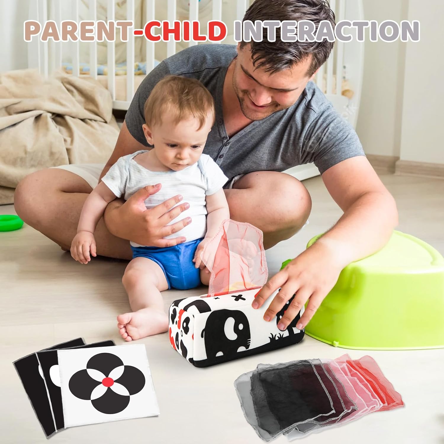 Montessori Tissue Box Speelgoed | Zacht Gevuld Hoog Contrast Krinkel Infant Sensorisch Baby Speelgoed 6 tot 12 Maanden Vroeg Leren Cadeaus