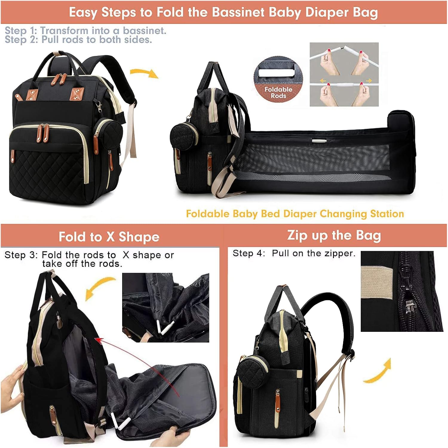 Luiertas met verschoonstation | 3-in-1 waterdichte rugzak met opvouwbaar kussen roze