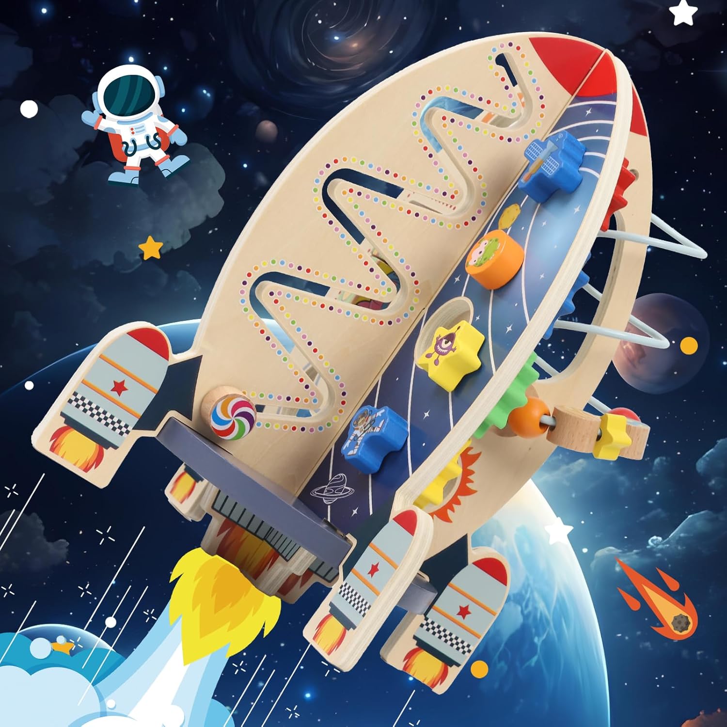 Ruimteraket Activiteitenkubus | Montessori Speelgoed 1+ Jaar | Sensorisch Educatief Druk Bord Cadeau