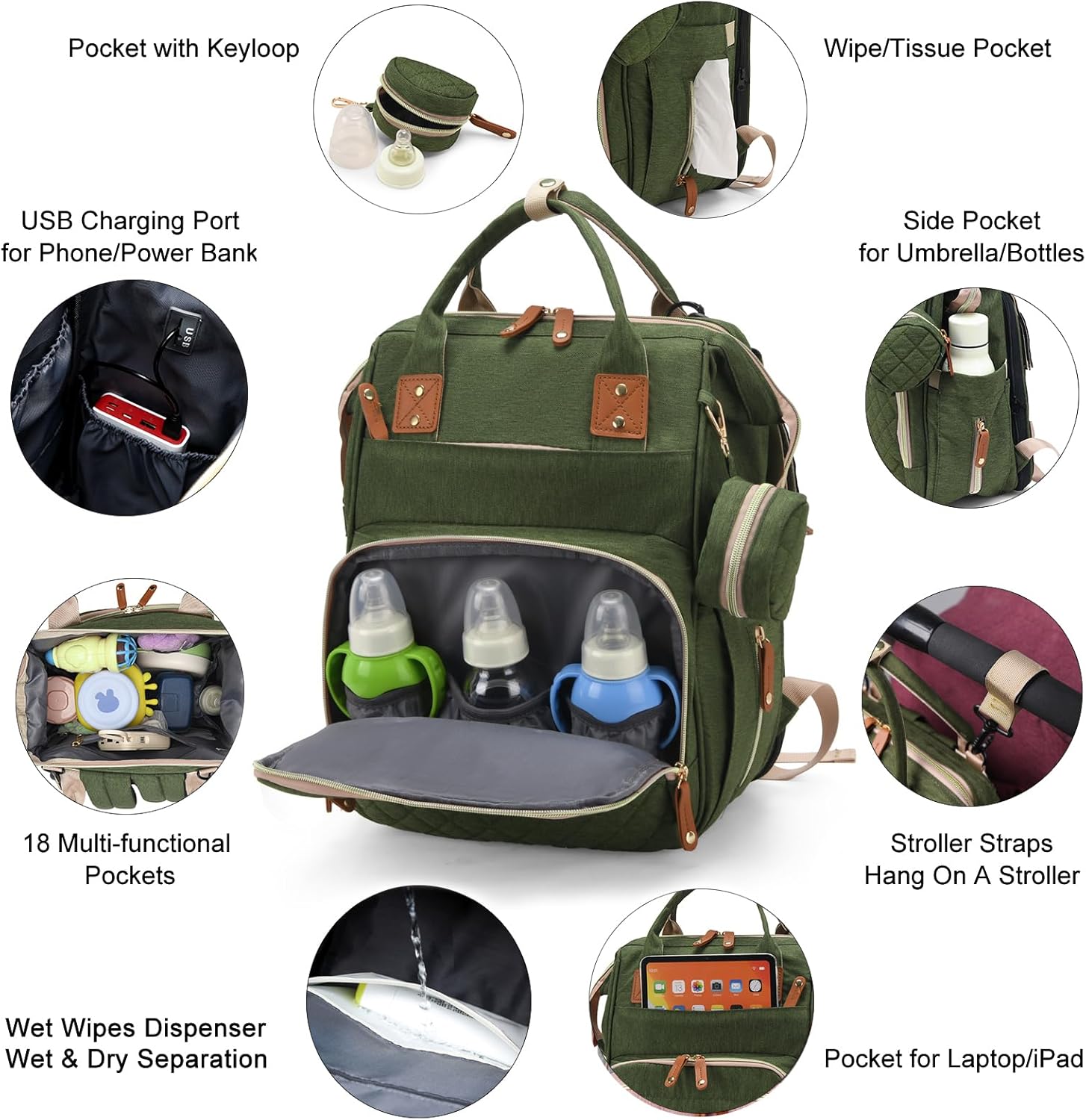 Luiertas met verschoonstation | 3-in-1 waterdichte rugzak met opvouwbaar kussen roze