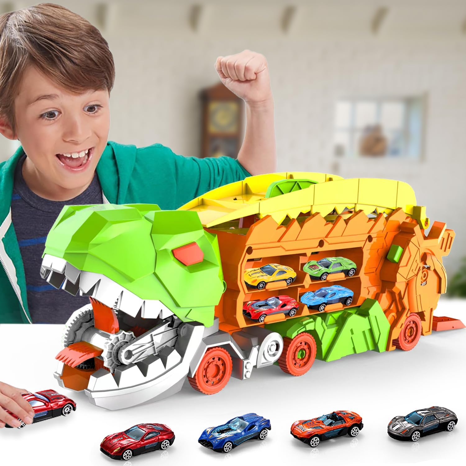 Super Transporteur Dino Stad met Racebaan | Transformeerbare Vrachtwagen met Dino Racebaan voor Kinderen van 3 tot 6 Jaar