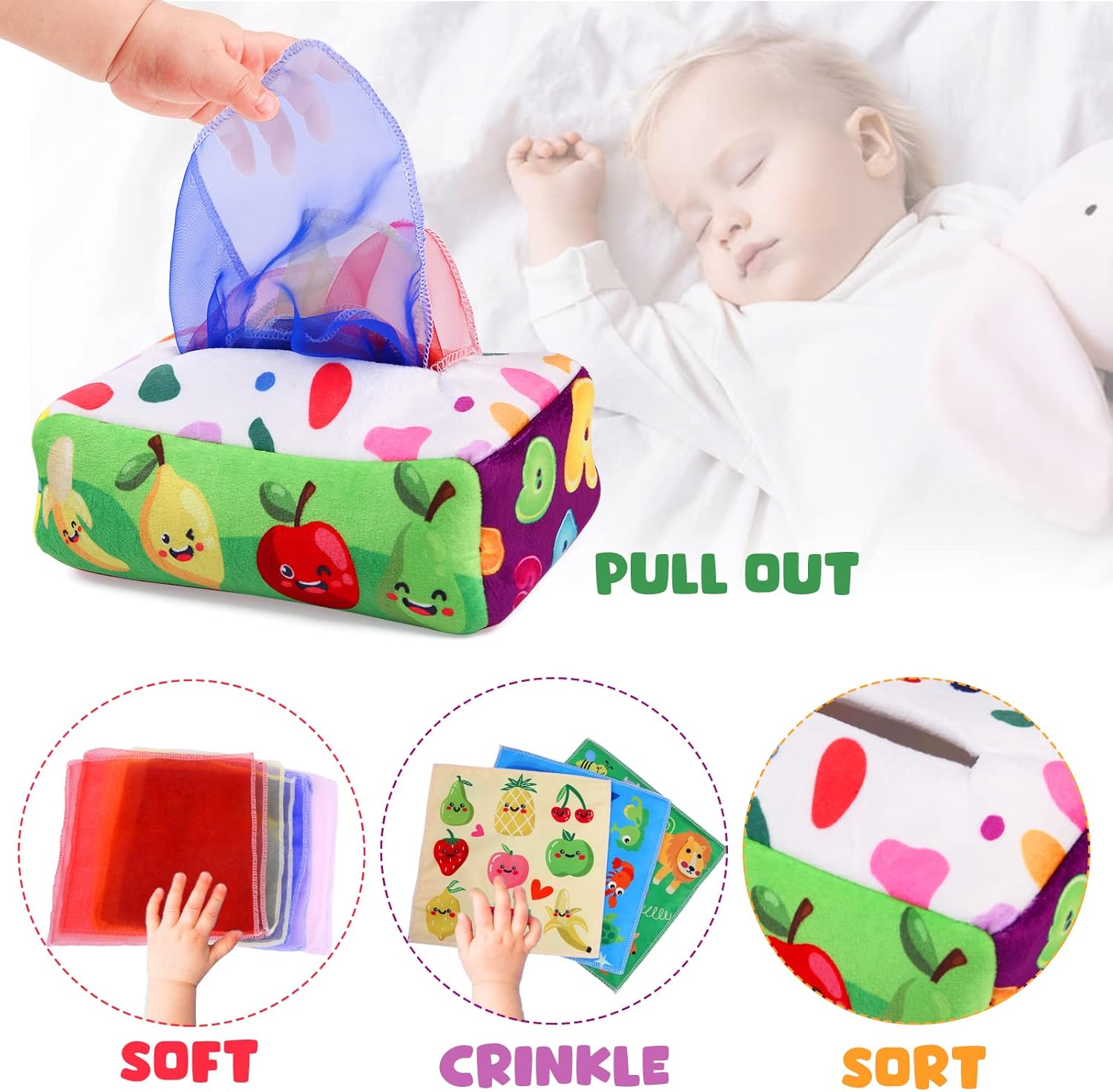 Montessori Tissue Box Speelgoed | Zacht Gevuld Hoog Contrast Krinkel Infant Sensorisch Baby Speelgoed 6 tot 12 Maanden Vroeg Leren Cadeaus