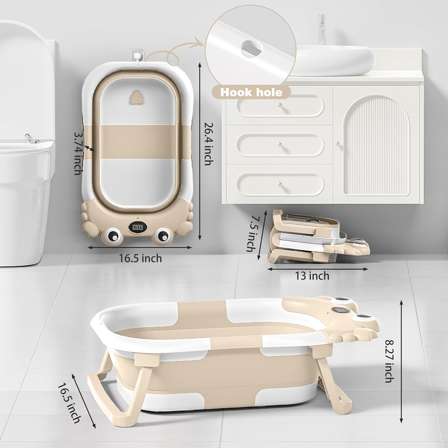 Inklapbaar babybad met thermometer | draagbaar opvouwbaar reisbad 0-36 maanden