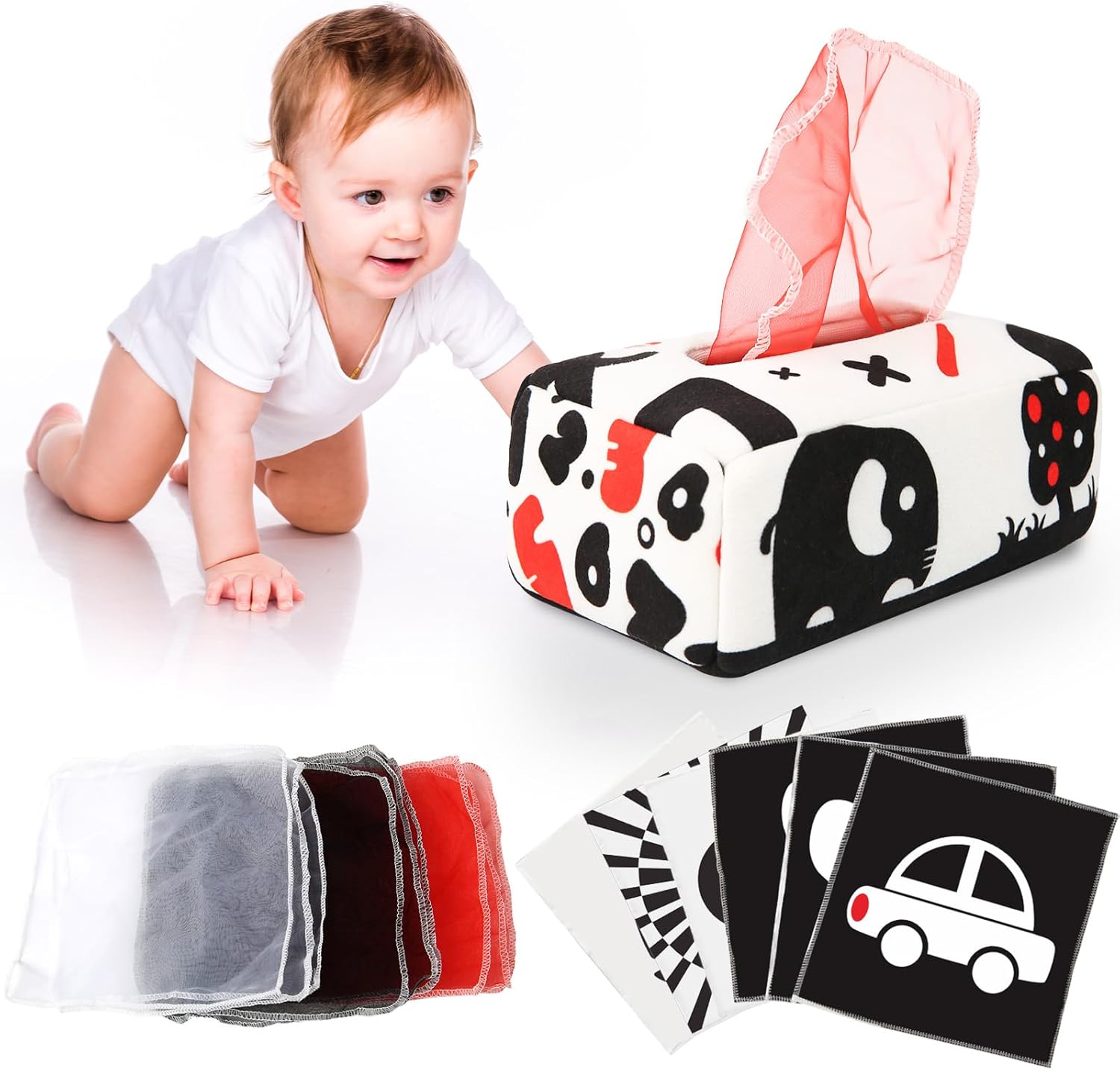 Montessori Tissue Box Speelgoed | Zacht Gevuld Hoog Contrast Krinkel Infant Sensorisch Baby Speelgoed 6 tot 12 Maanden Vroeg Leren Cadeaus