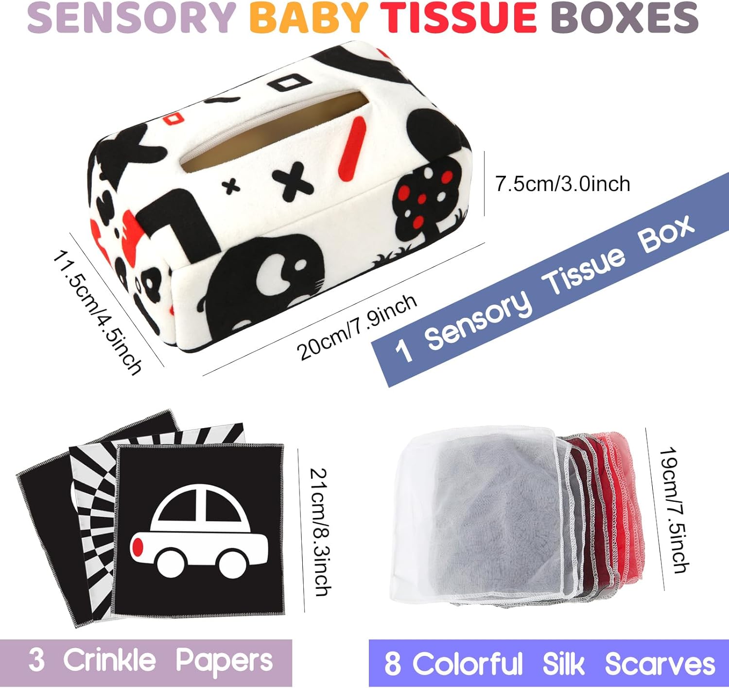 Montessori Tissue Box Speelgoed | Zacht Gevuld Hoog Contrast Krinkel Infant Sensorisch Baby Speelgoed 6 tot 12 Maanden Vroeg Leren Cadeaus